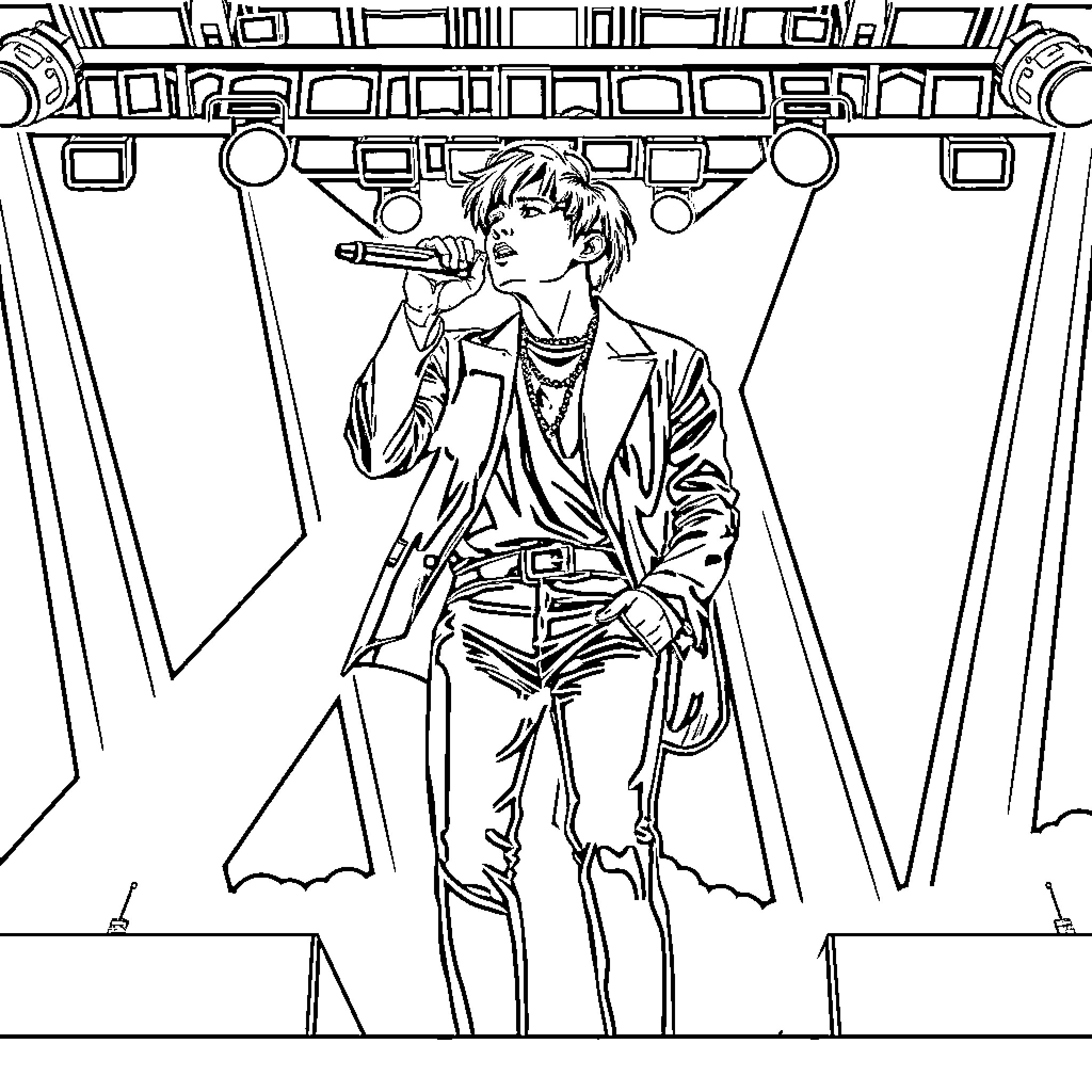 Jimin performing on stage with a microphone Coloring Page (free black-and-white line drawing printable PDF for all, from beginners to advanced learners, including children, teens, adults, and seniors)