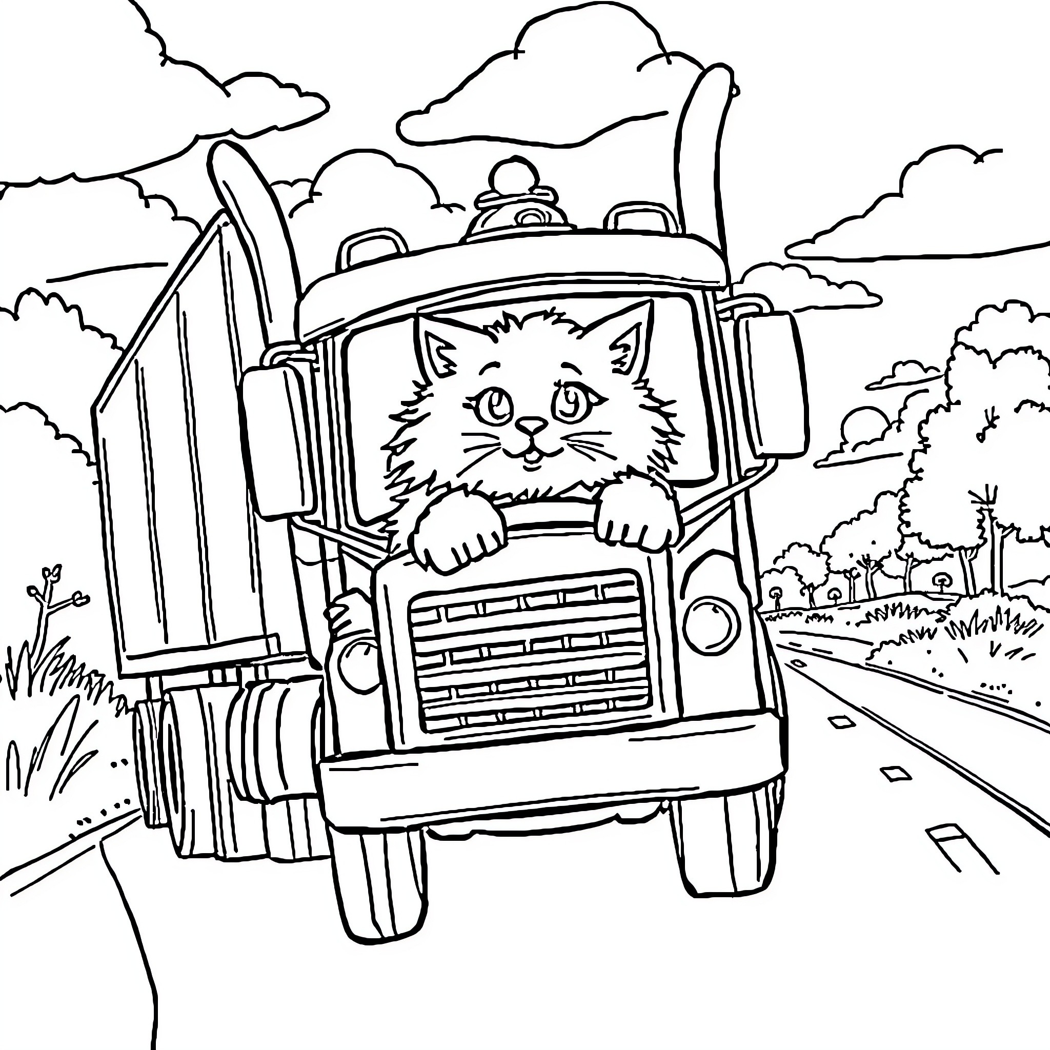 Cat driving a tractor on a country road Coloring Page (free black-and-white line drawing printable PDF for all, from beginners to advanced learners, including children, teens, adults, and seniors)