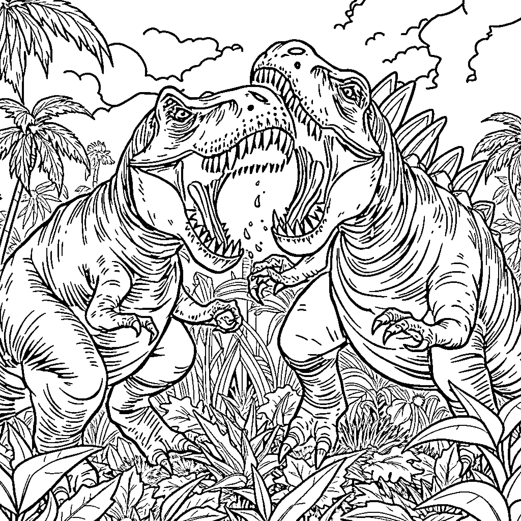 Dinosaurs Battling Ferociously in Prehistoric Landscape Coloring Page (free black-and-white line drawing printable PDF for all, from beginners to advanced learners, including children, teens, adults, and seniors)