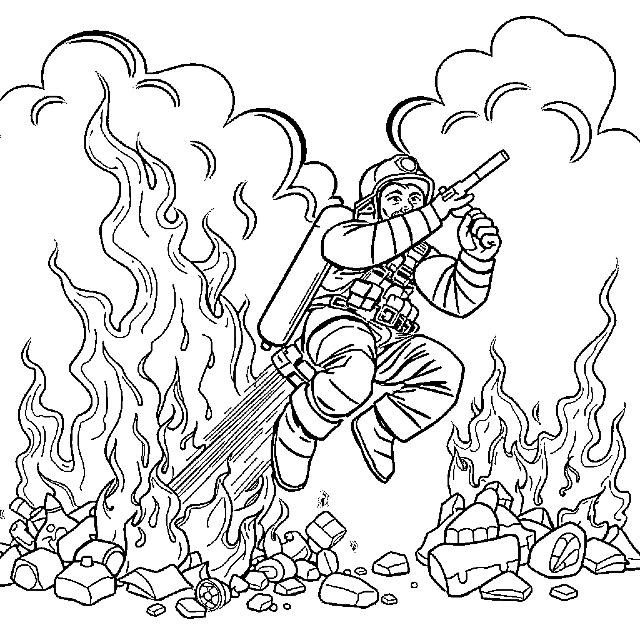 Bombero firefighter battling blaze with hose Coloring Page (free black-and-white line drawing printable PDF for all, from beginners to advanced learners, including children, teens, adults, and seniors)