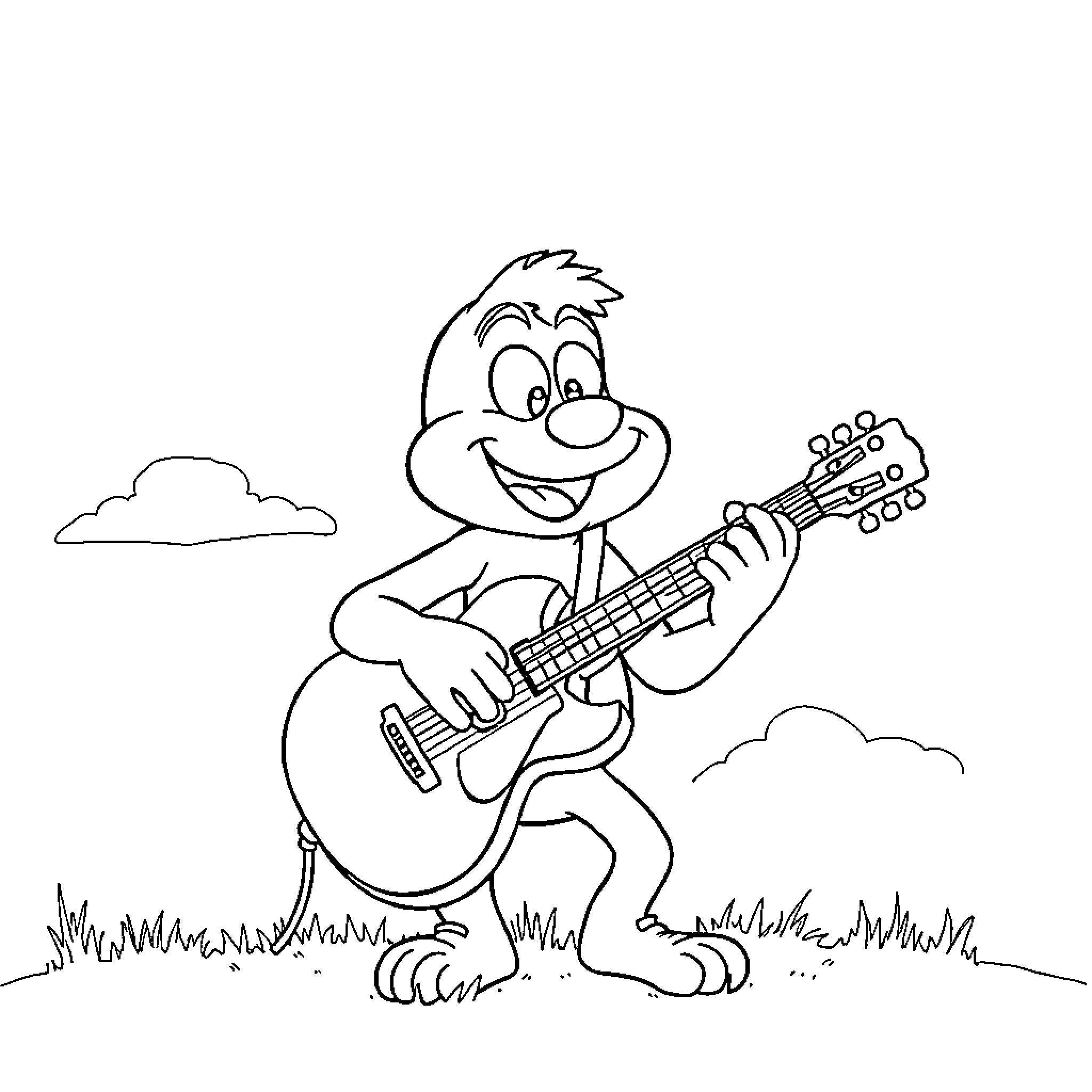 Bluey playing guitar happily outdoors Coloring Page (free black-and-white line drawing printable PDF for all, from beginners to advanced learners, including children, teens, adults, and seniors)