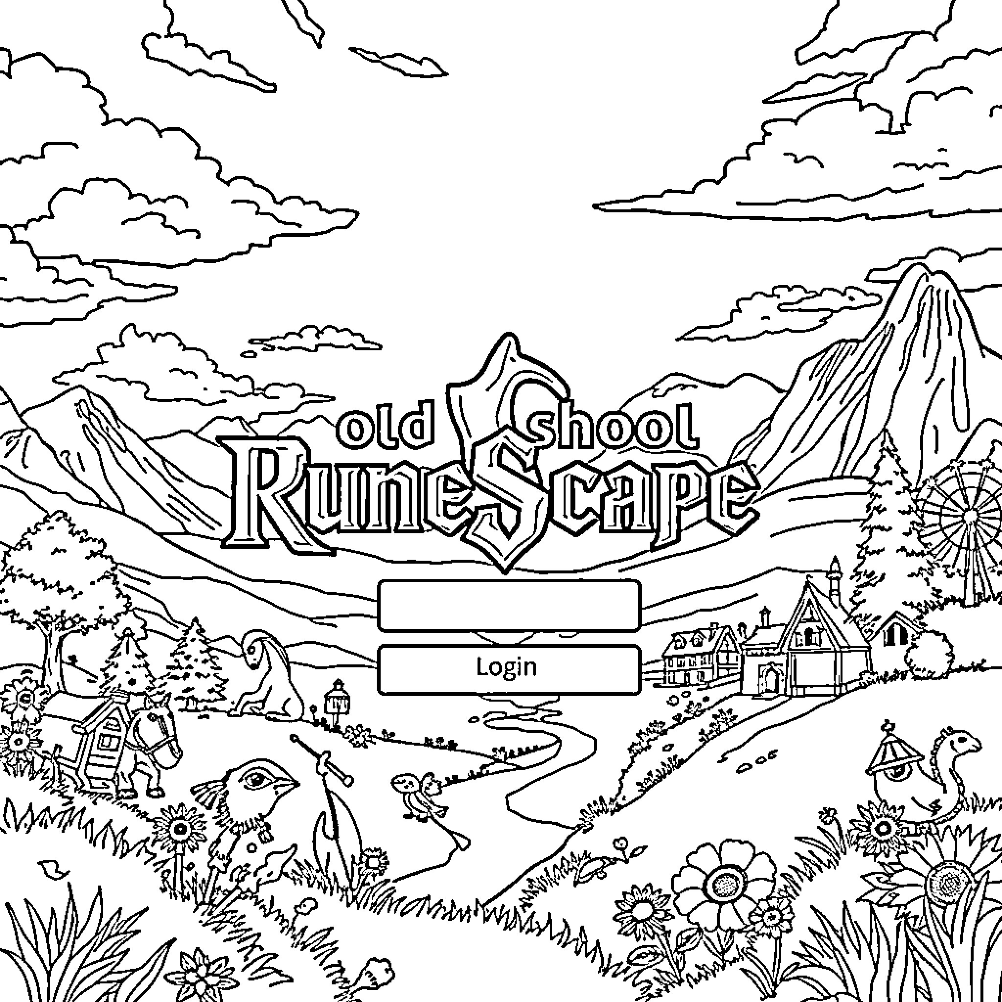 Old School RuneScape Scenic Fantasy World Coloring Page (free black-and-white line drawing printable PDF for all, from beginners to advanced learners, including children, teens, adults, and seniors)