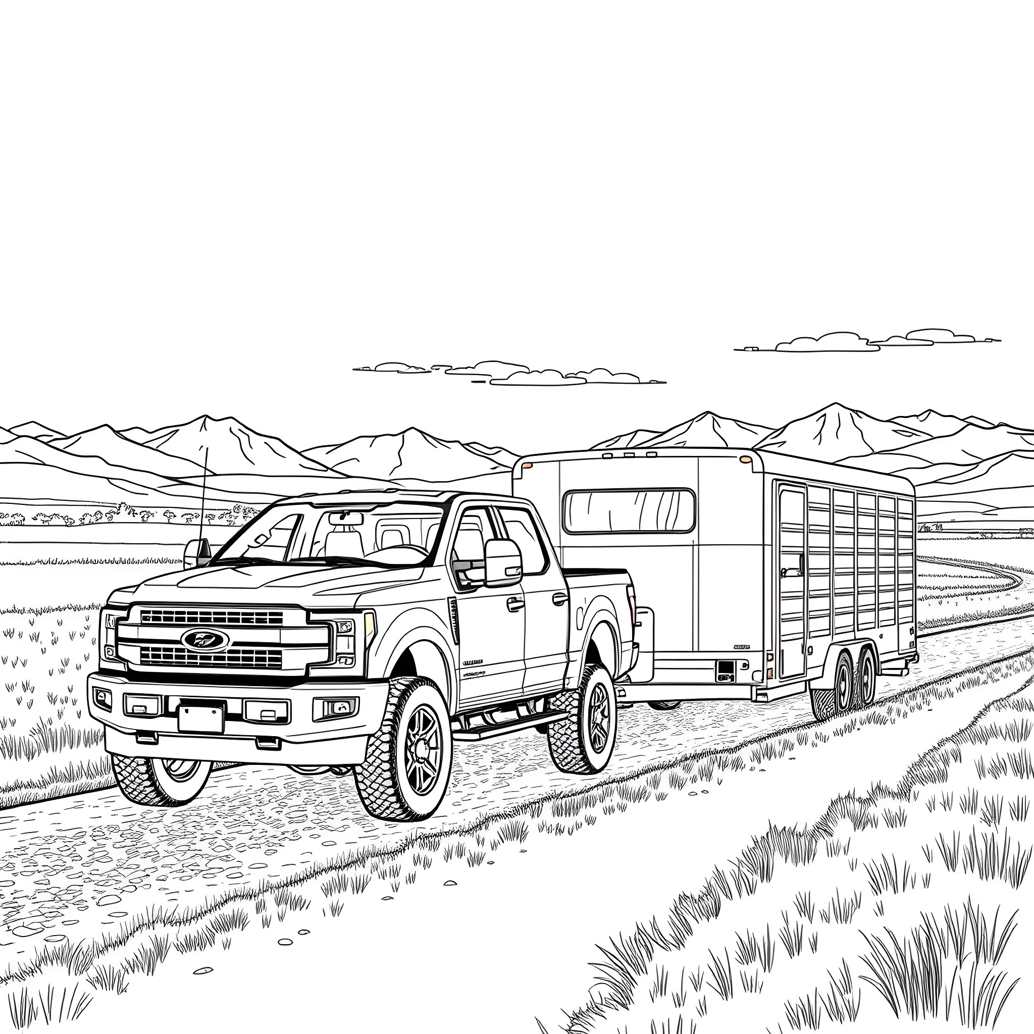 Pickup truck towing trailer on rural road Coloring Page (free black-and-white line drawing printable PDF for all, from beginners to advanced learners, including children, teens, adults, and seniors)