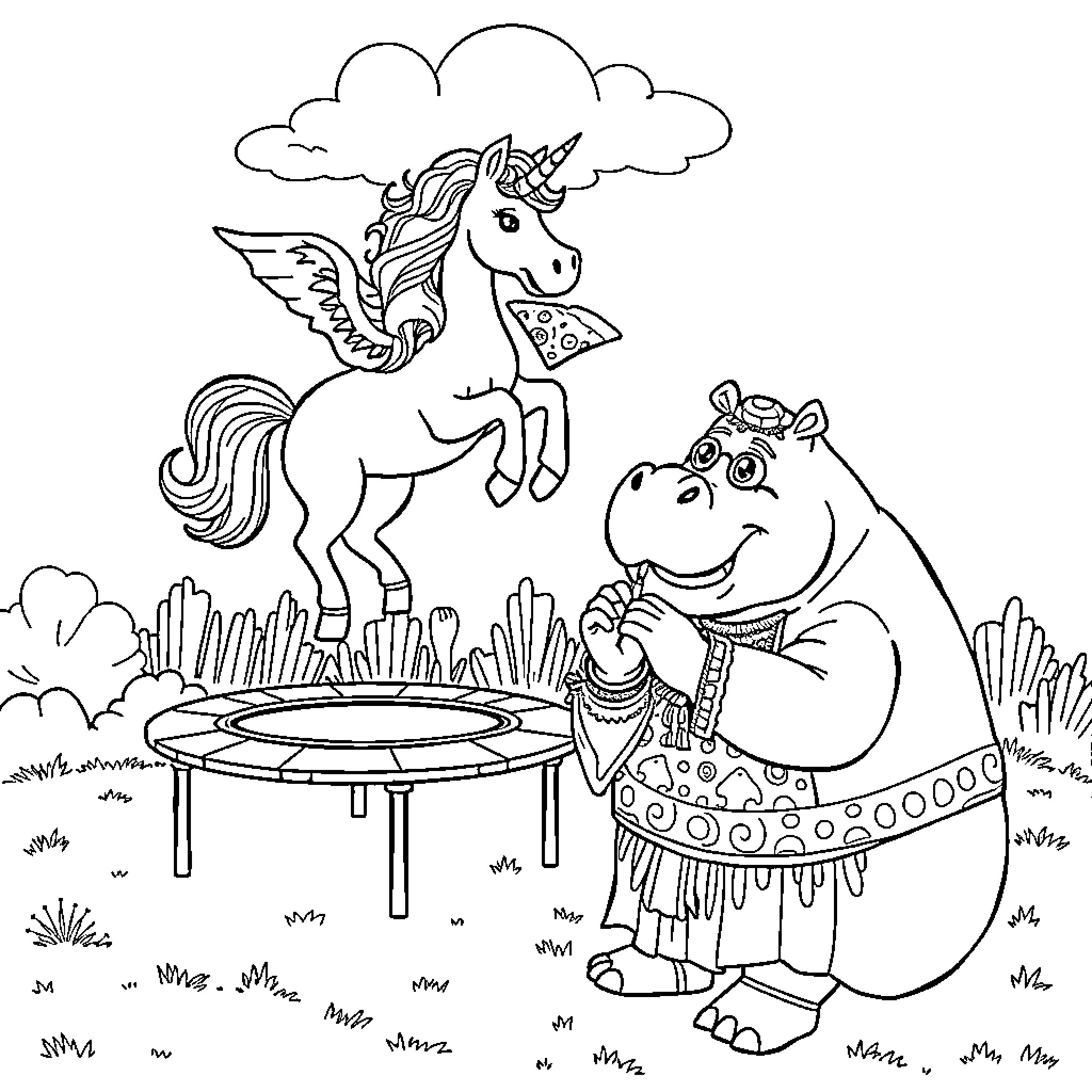 Unicorn and Hippo Enjoying a Carnival Celebration Coloring Page (free black-and-white line drawing printable PDF for all, from beginners to advanced learners, including children, teens, adults, and seniors)
