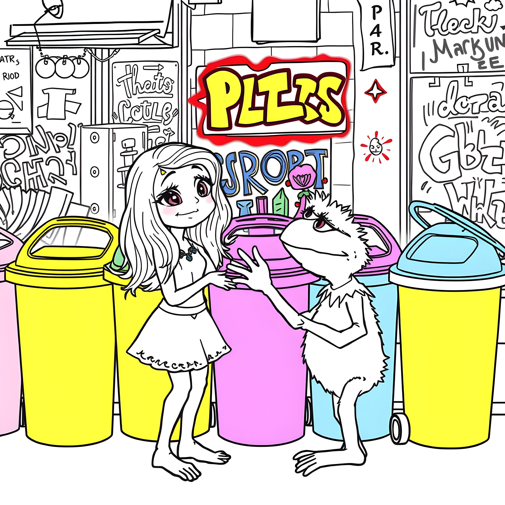 Oscar's Colorful Recycling Adventure Coloring Page (free black-and-white line drawing printable PDF for all, from beginners to advanced learners, including children, teens, adults, and seniors)