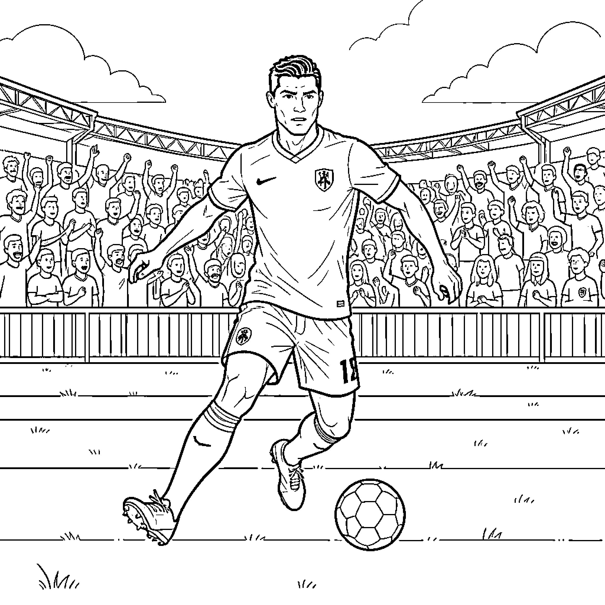 Ronaldo dribbling a soccer ball in a crowded stadium Coloring Page (free black-and-white line drawing printable PDF for all, from beginners to advanced learners, including children, teens, adults, and seniors)