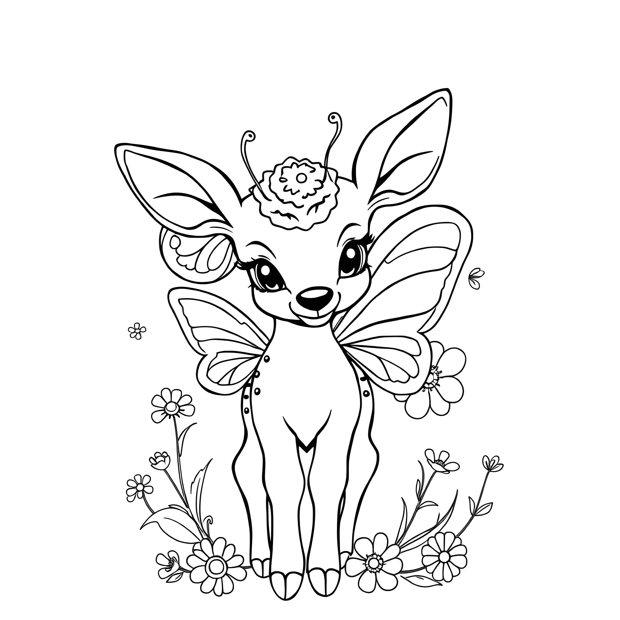 Deer with butterfly wings surrounded by flowers Coloring Page (free black-and-white line drawing printable PDF for all, from beginners to advanced learners, including children, teens, adults, and seniors)