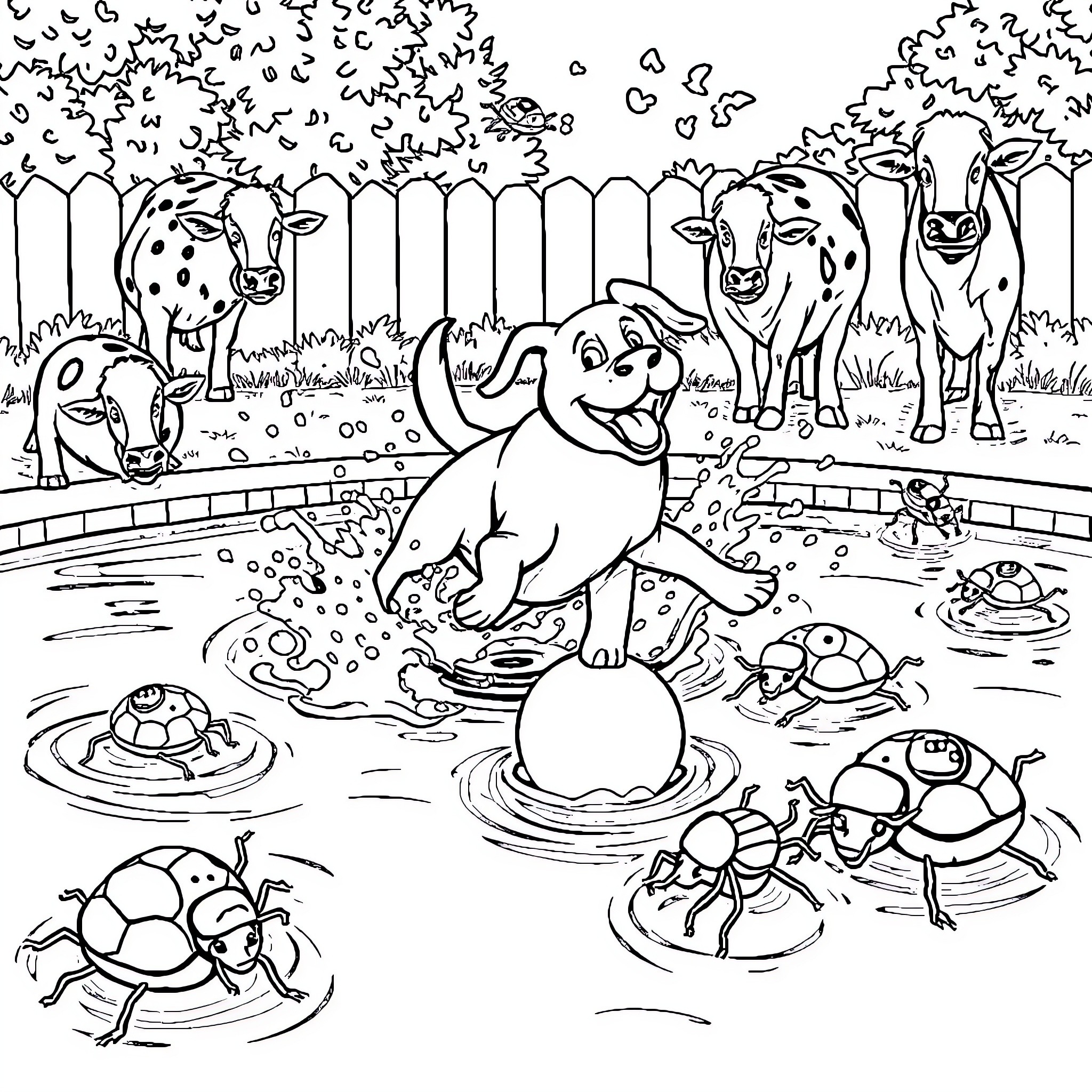 Dog Playing Happily in a Pond with Animal Friends Coloring Page (free black-and-white line drawing printable PDF for all, from beginners to advanced learners, including children, teens, adults, and seniors)