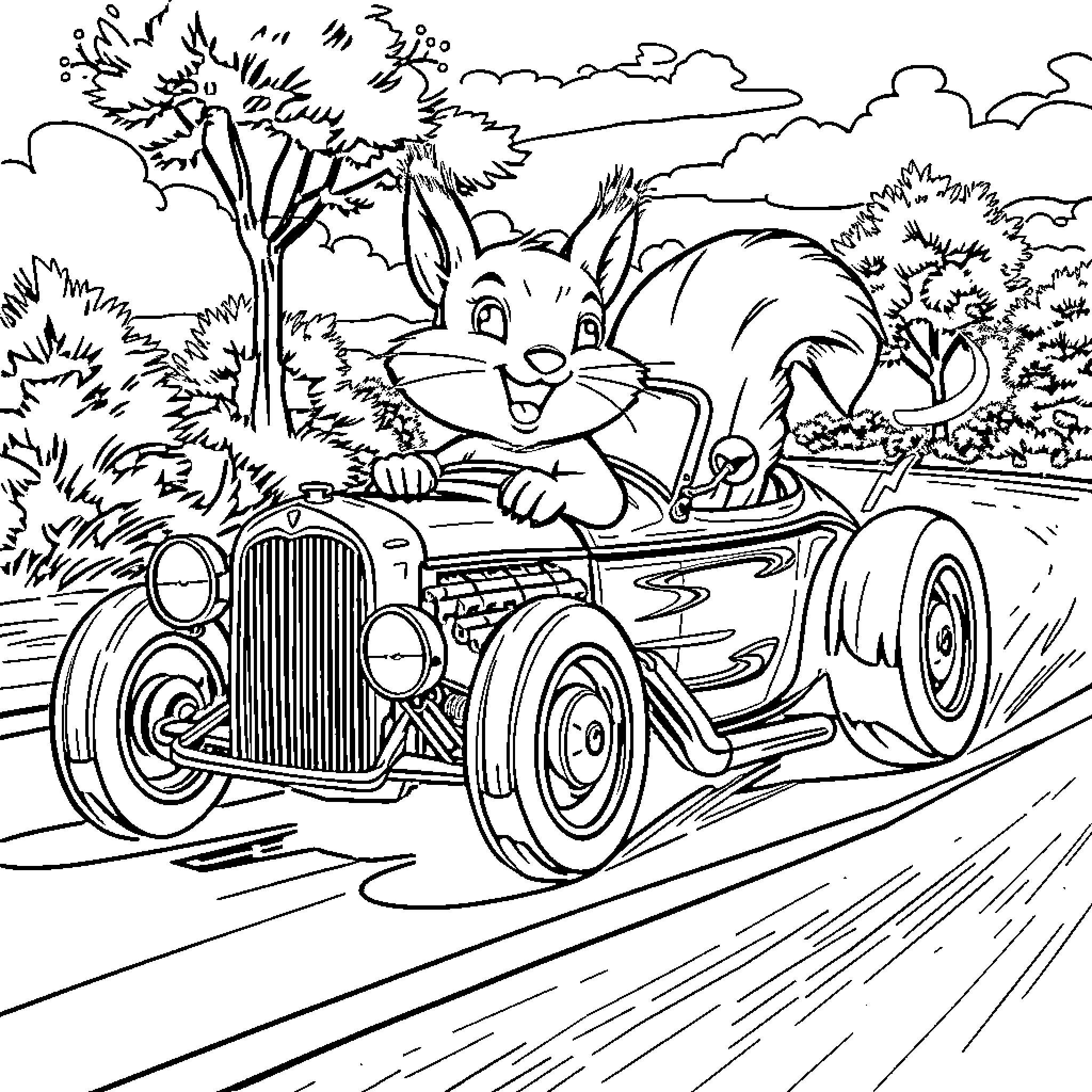 Squirrel driving a classic car through the countryside Coloring Page (free black-and-white line drawing printable PDF for all, from beginners to advanced learners, including children, teens, adults, and seniors)