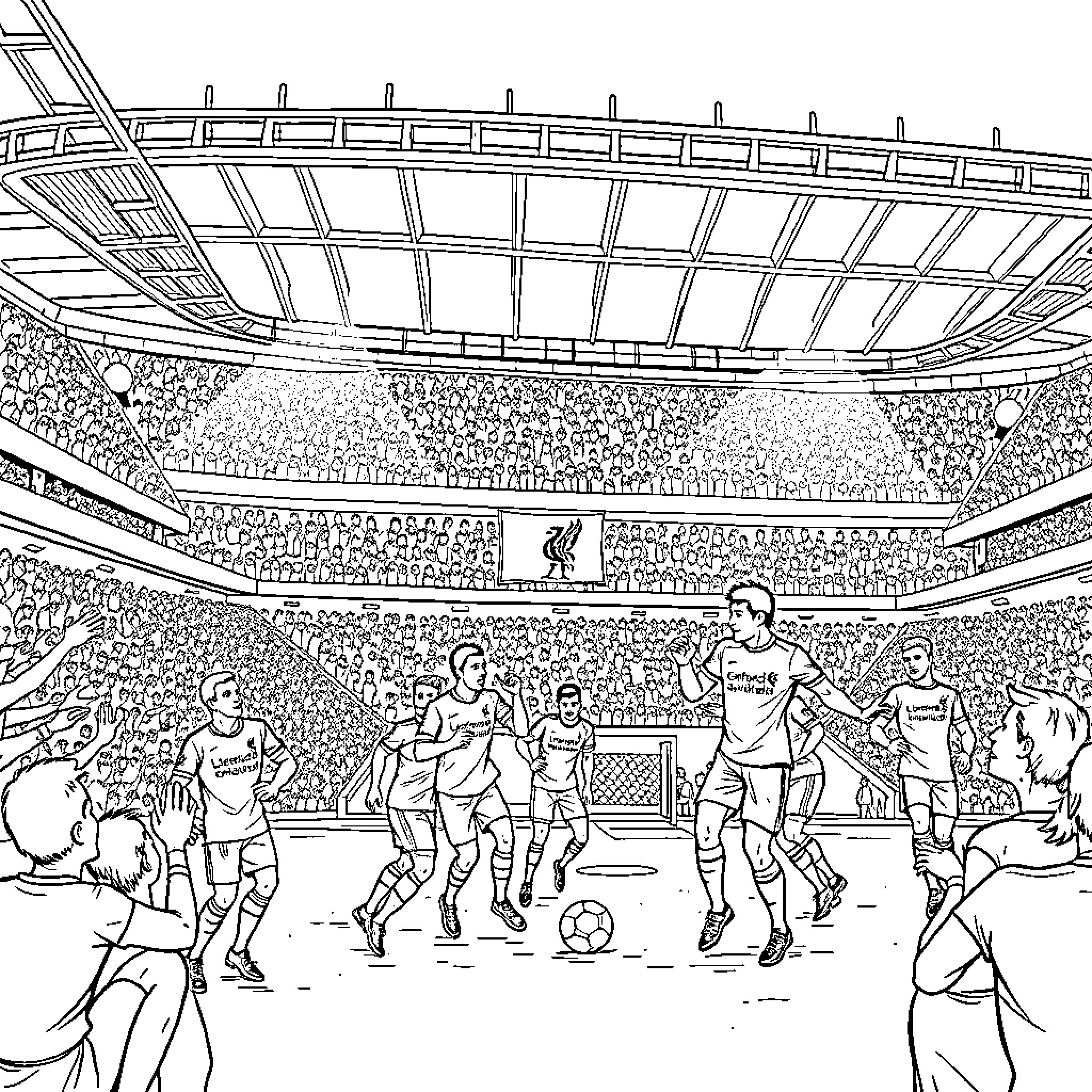 Liverpool players in action at the stadium Coloring Page (free black-and-white line drawing printable PDF for all, from beginners to advanced learners, including children, teens, adults, and seniors)
