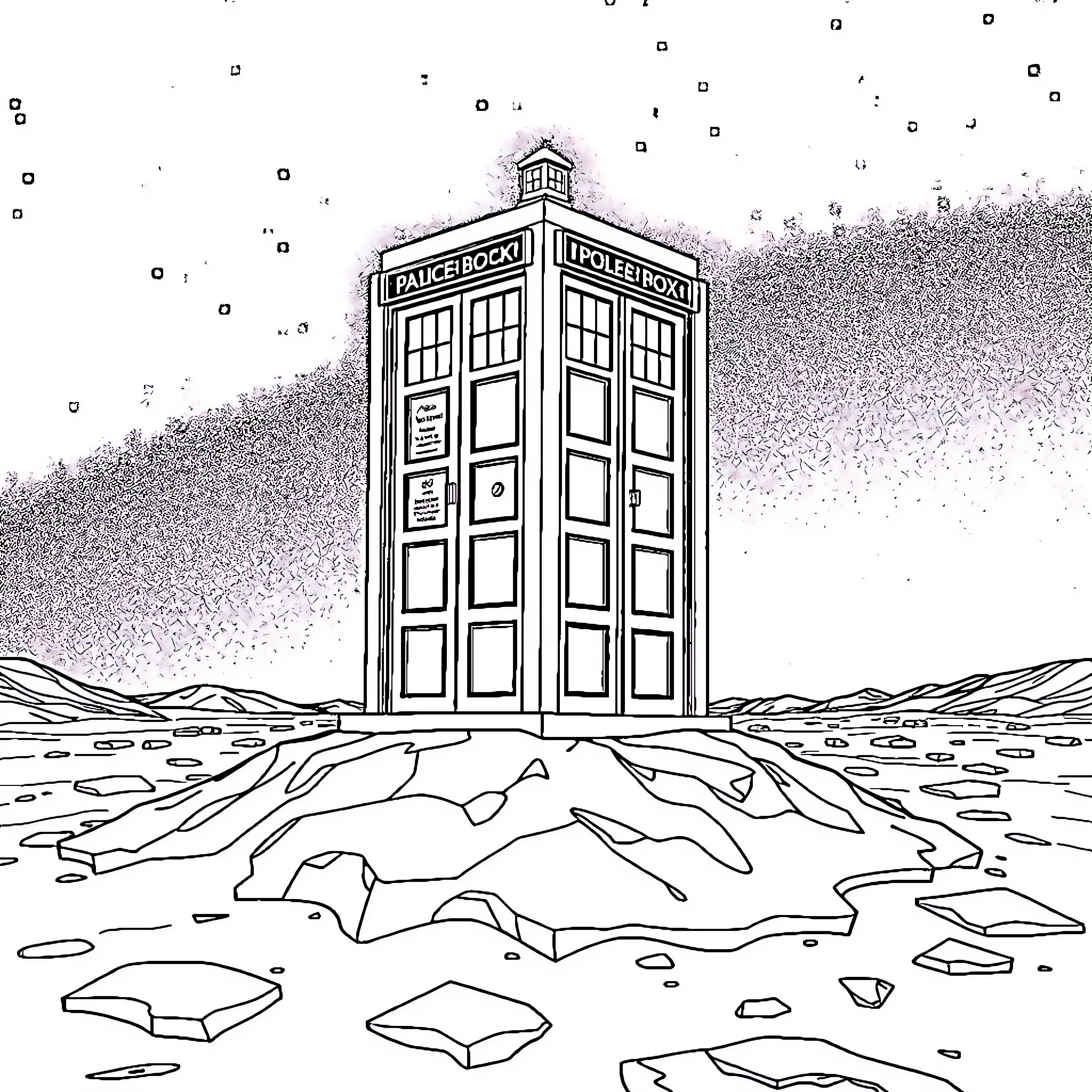 TARDIS in a Barren, Snowy Landscape Coloring Page (free black-and-white line drawing printable PDF for all, from beginners to advanced learners, including children, teens, adults, and seniors)