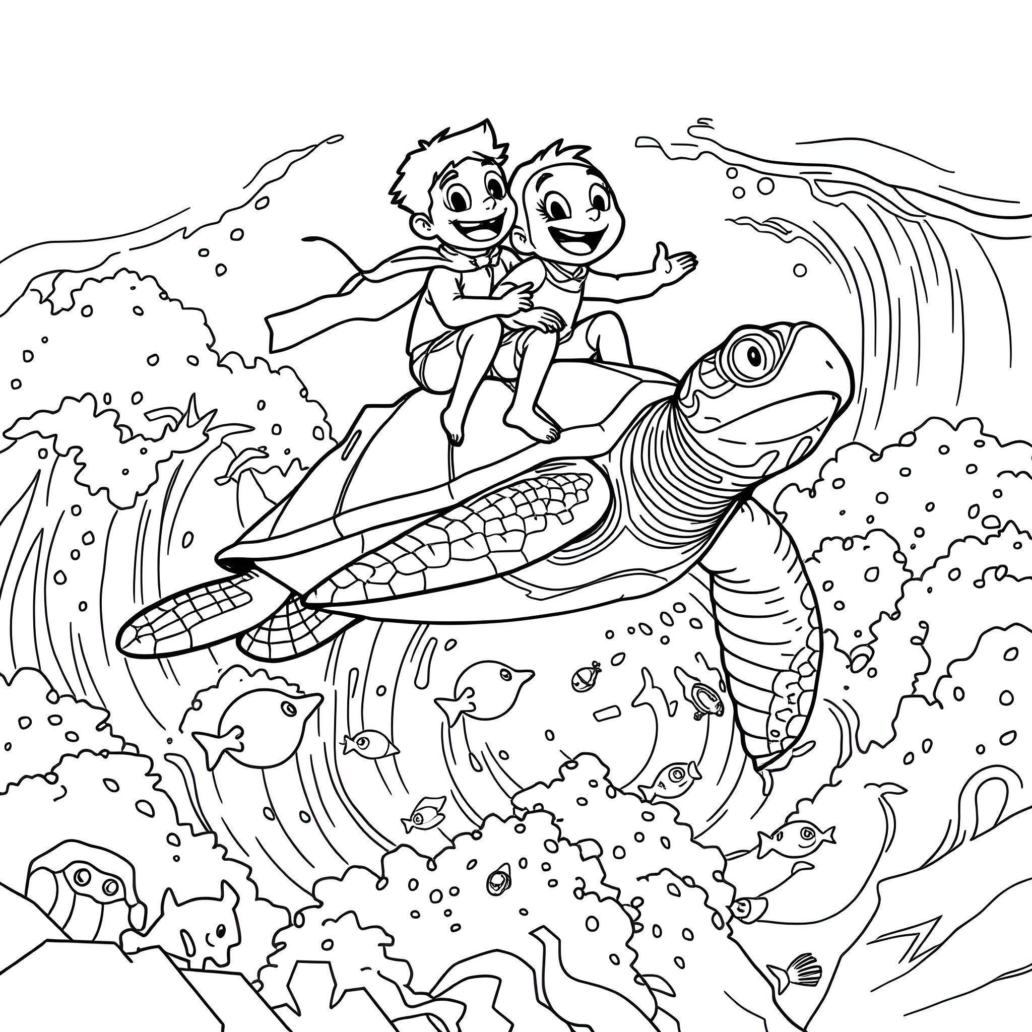 Kratt Brothers riding a sea creature in the ocean Coloring Page (free black-and-white line drawing printable PDF for all, from beginners to advanced learners, including children, teens, adults, and seniors)