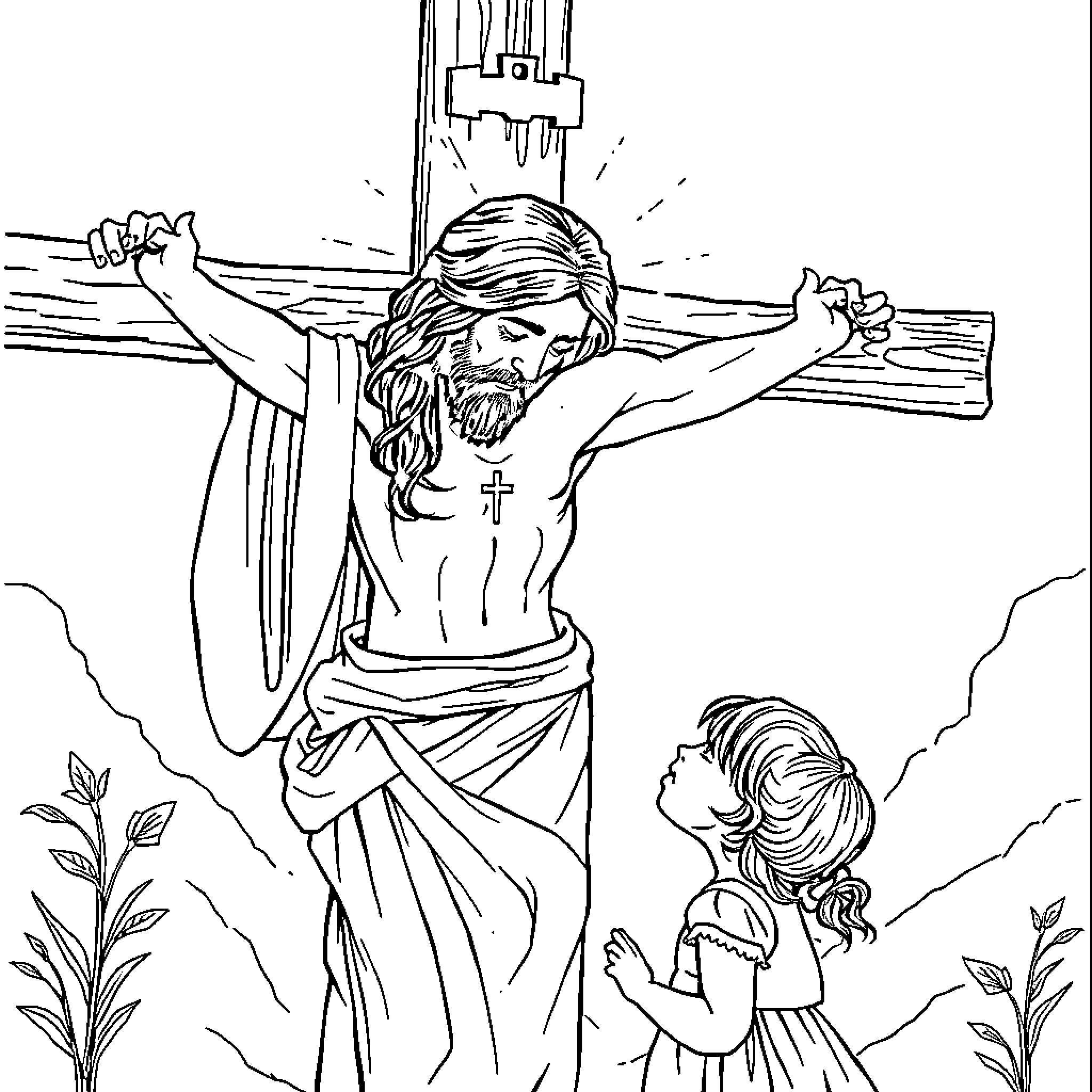 Jesus crucified on the cross, with a kneeling woman below Coloring Page (free black-and-white line drawing printable PDF for all, from beginners to advanced learners, including children, teens, adults, and seniors)
