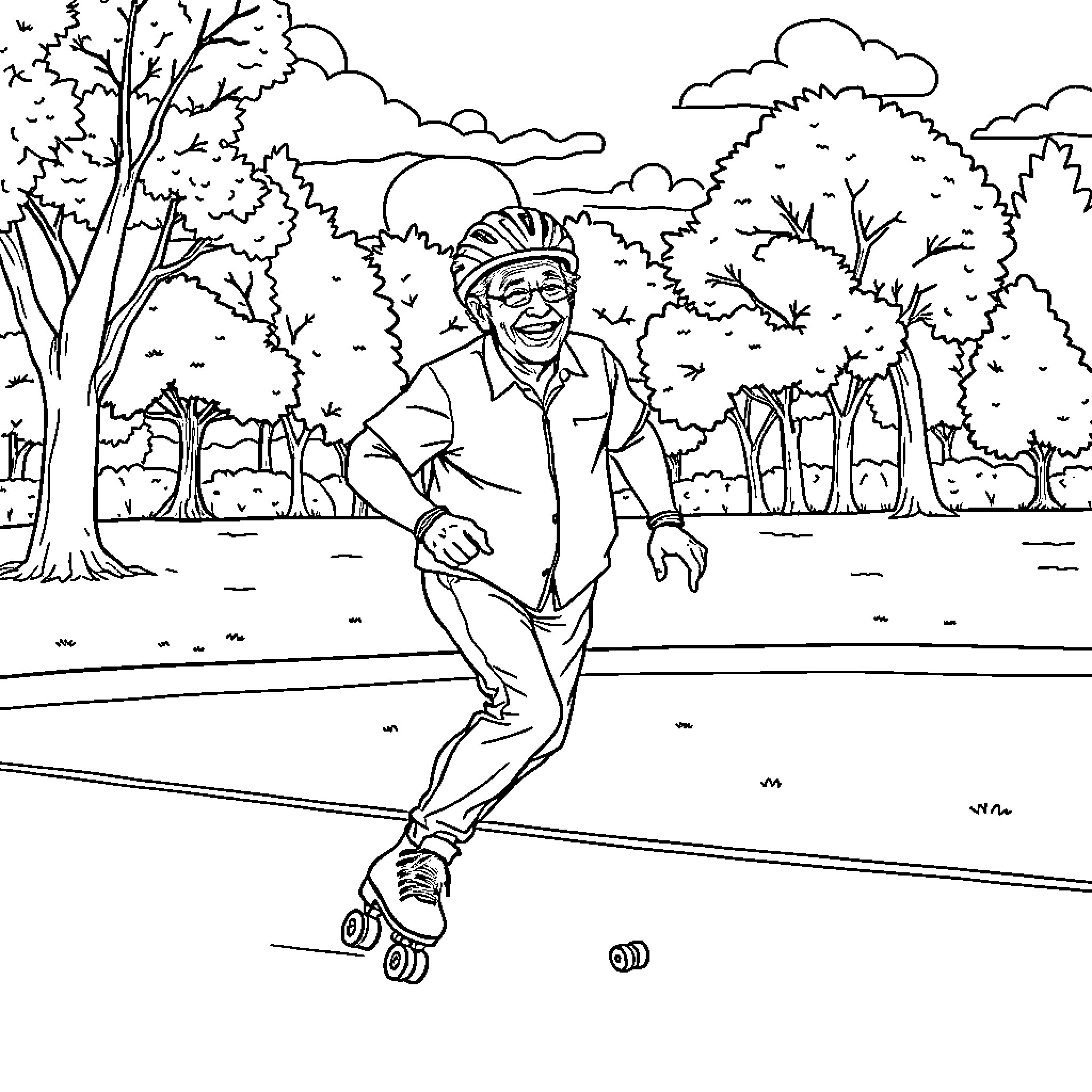 Man roller skating in the park Coloring Page (free black-and-white line drawing printable PDF for all, from beginners to advanced learners, including children, teens, adults, and seniors)