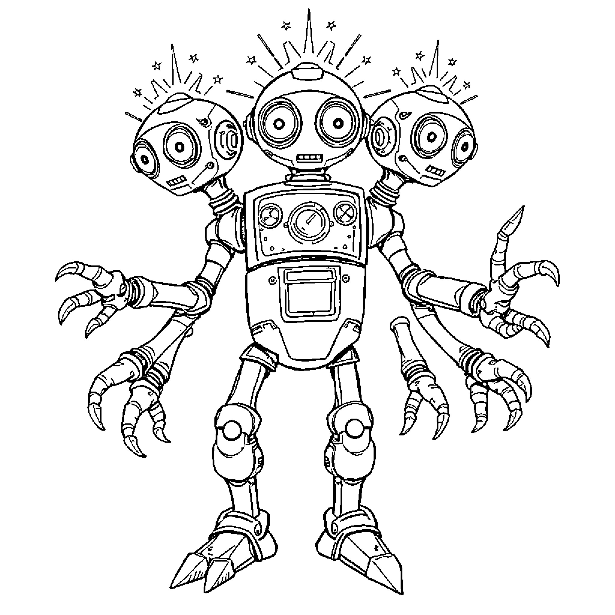 Robot with multiple heads and arms in futuristic style Coloring Page (free black-and-white line drawing printable PDF for all, from beginners to advanced learners, including children, teens, adults, and seniors)