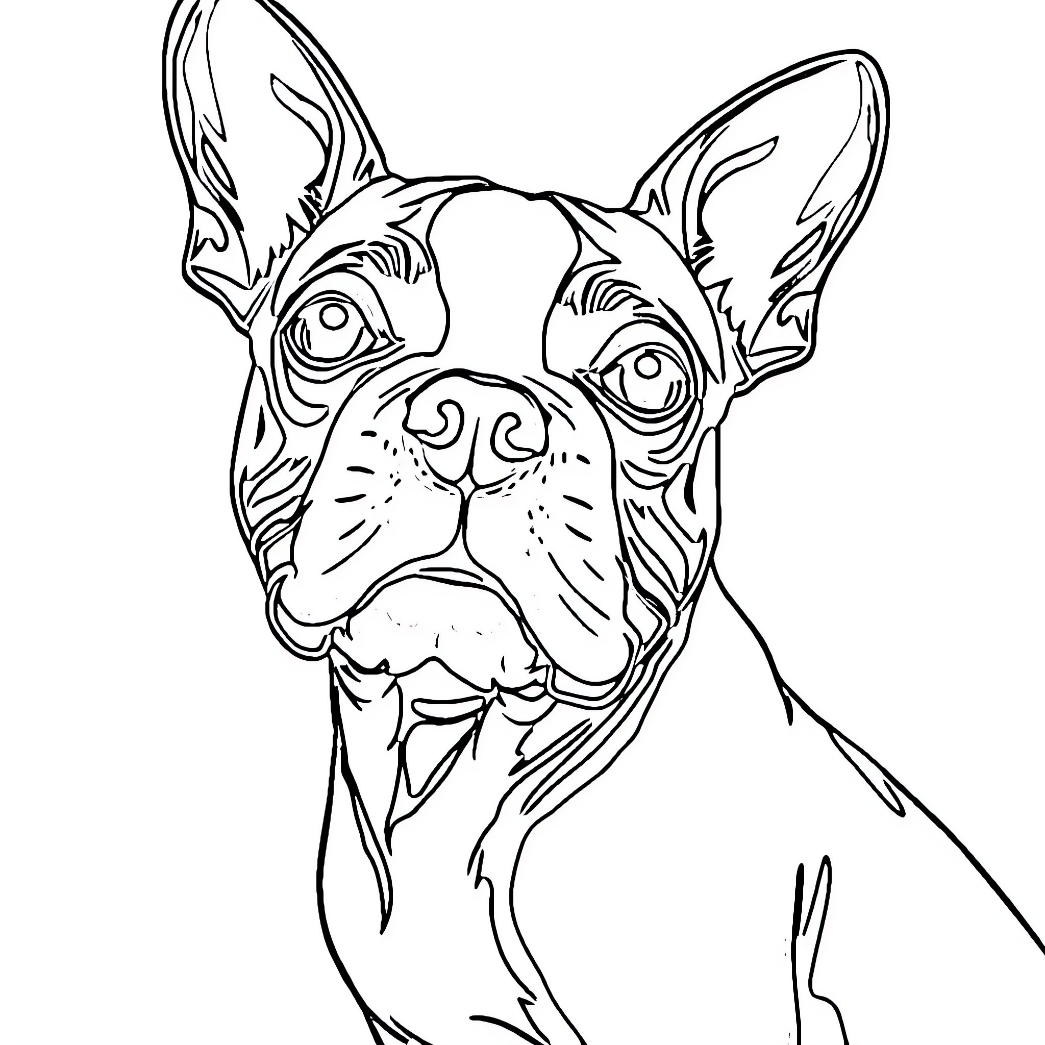 Boston Terrier in playful expression Coloring Page (free black-and-white line drawing printable PDF for all, from beginners to advanced learners, including children, teens, adults, and seniors)