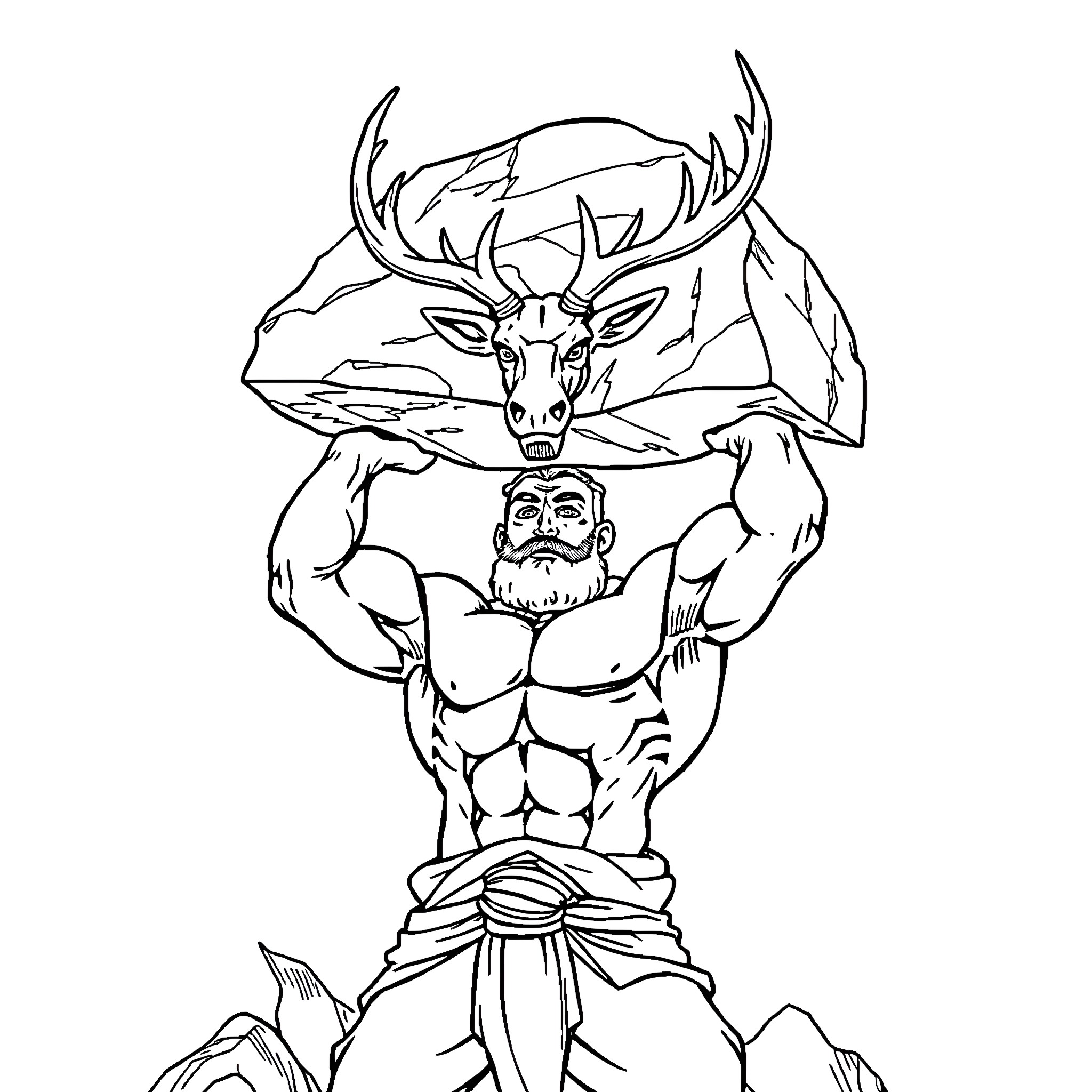 Muscleman with deer skull lifting heavy boulder Coloring Page (free black-and-white line drawing printable PDF for all, from beginners to advanced learners, including children, teens, adults, and seniors)