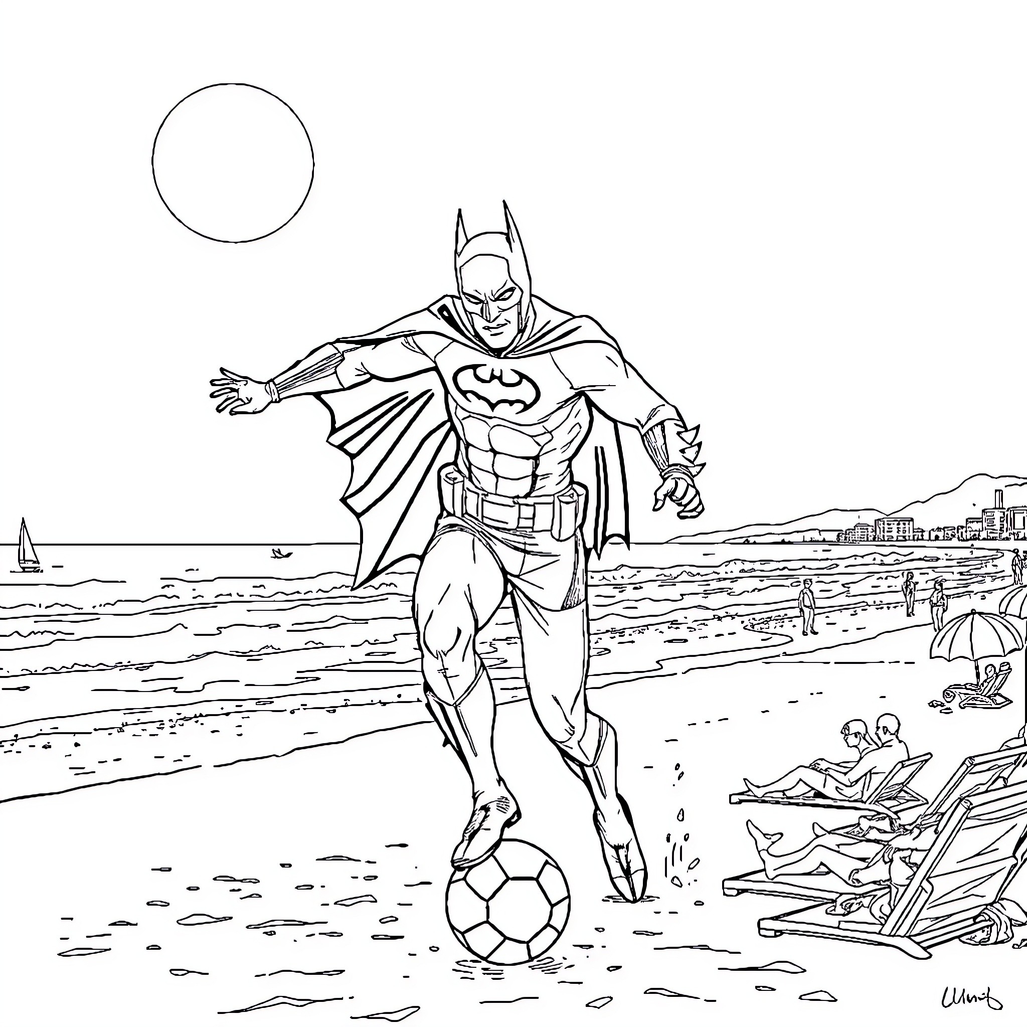 Batheman plays football on the beach Coloring Page (free black-and-white line drawing printable PDF for all, from beginners to advanced learners, including children, teens, adults, and seniors)
