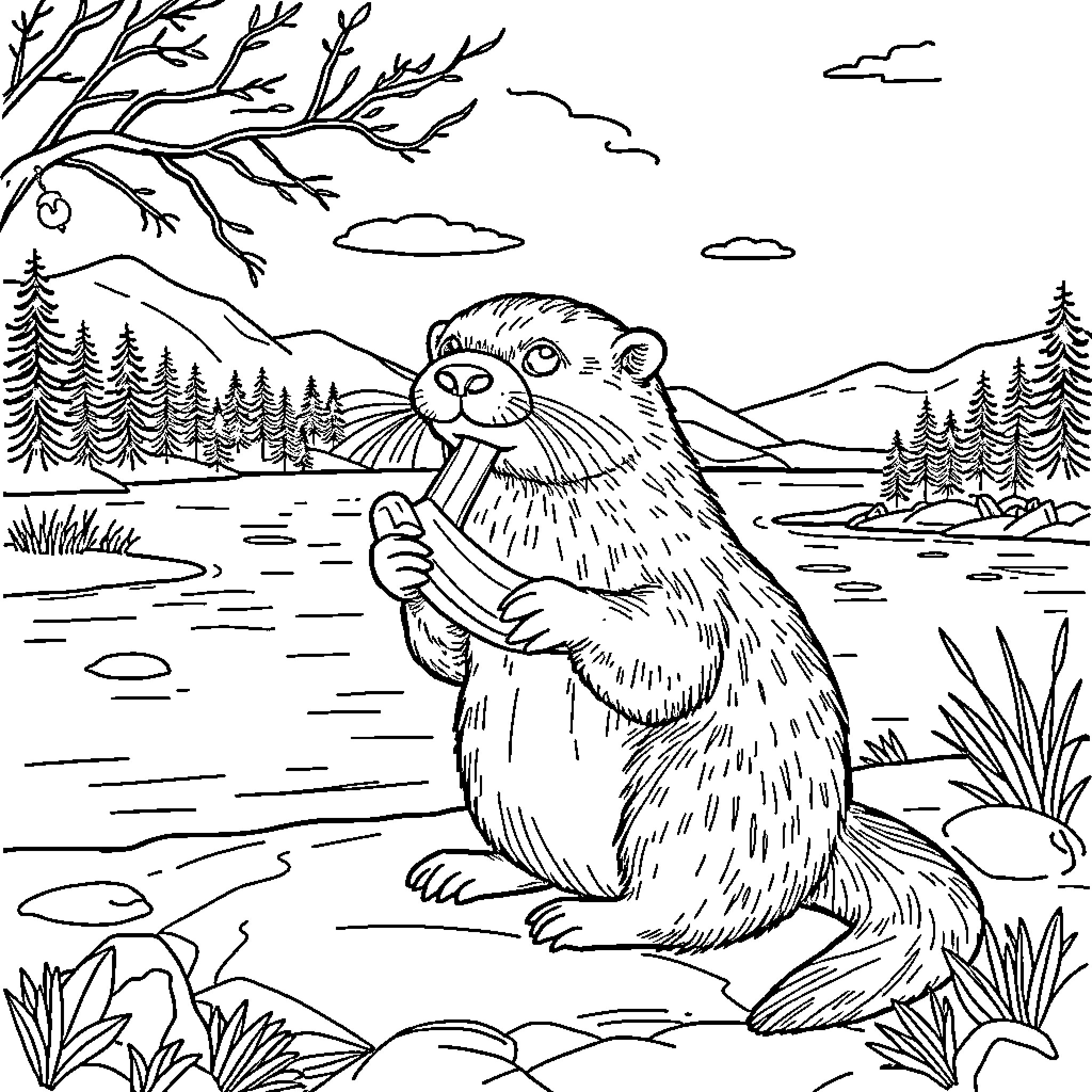 Otter relaxing by the lake in a serene landscape Coloring Page (free black-and-white line drawing printable PDF for all, from beginners to advanced learners, including children, teens, adults, and seniors)
