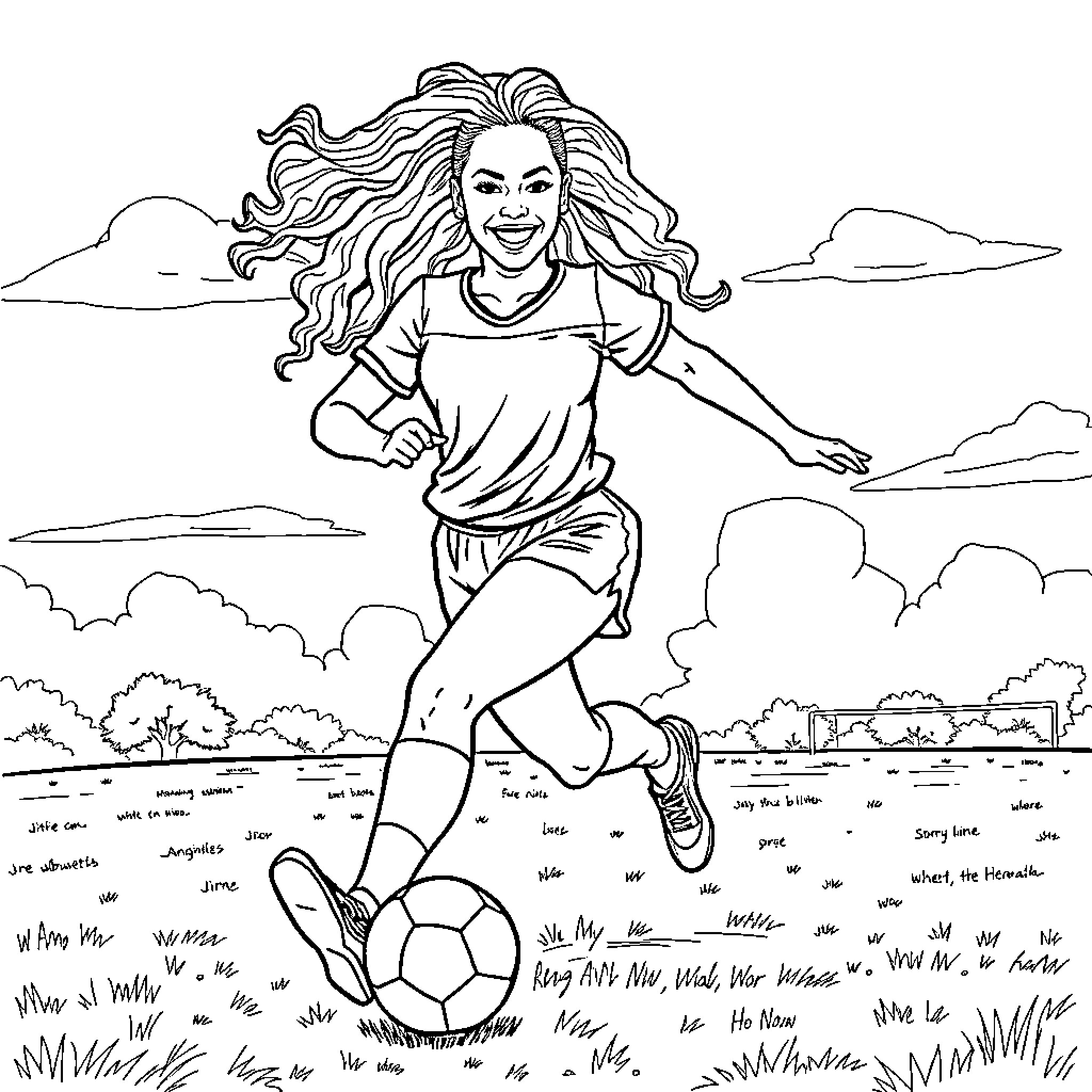 Beyonce joyfully playing soccer in the countryside Coloring Page (free black-and-white line drawing printable PDF for all, from beginners to advanced learners, including children, teens, adults, and seniors)