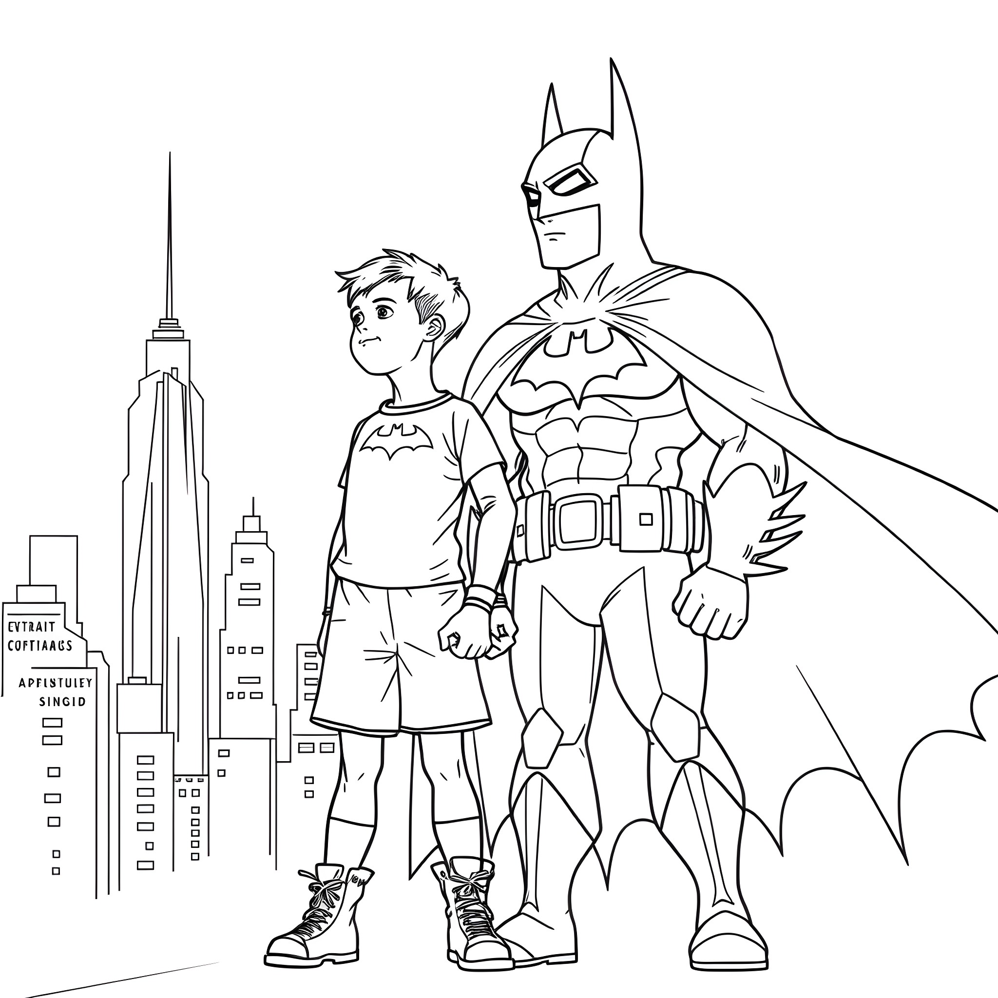 Boy and Superhero in the City Coloring Page (free black-and-white line drawing printable PDF for all, from beginners to advanced learners, including children, teens, adults, and seniors)