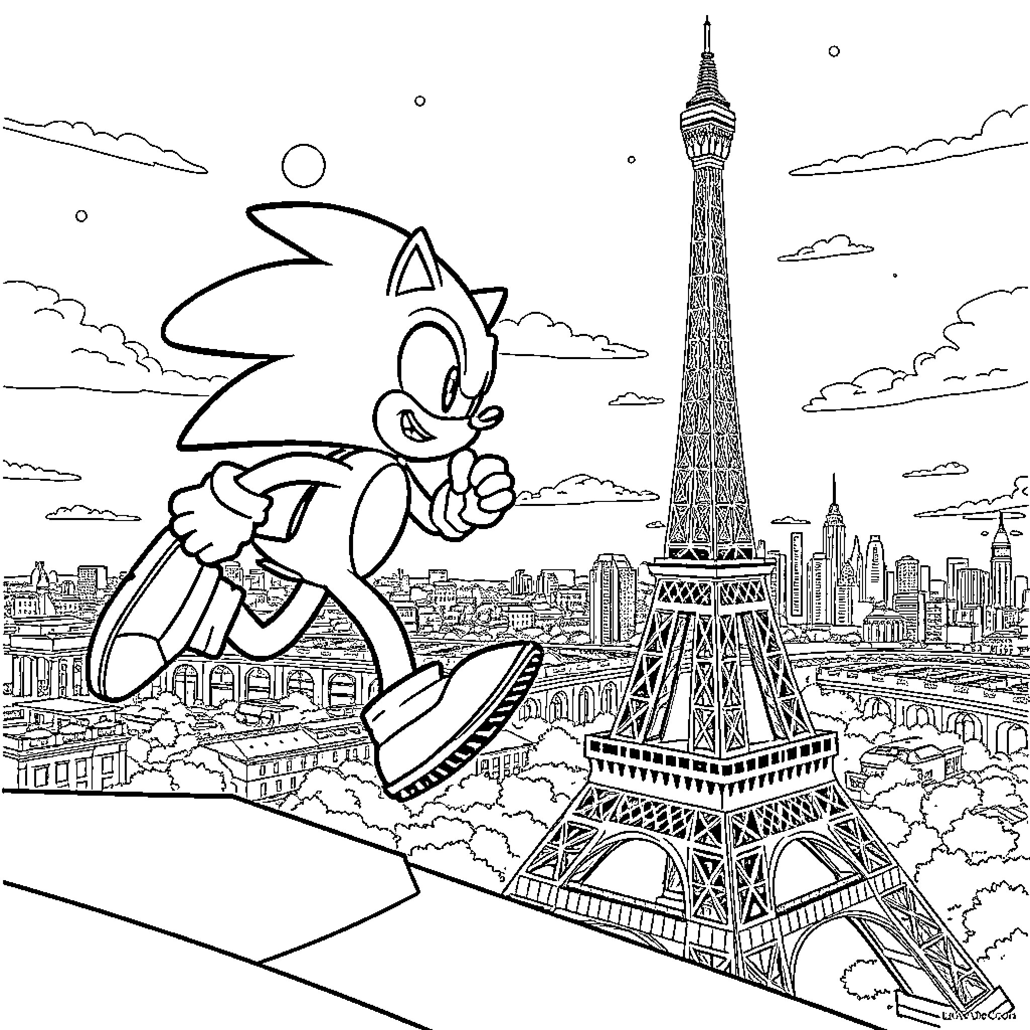 Sonic racing through the city skyline Coloring Page (free black-and-white line drawing printable PDF for all, from beginners to advanced learners, including children, teens, adults, and seniors)