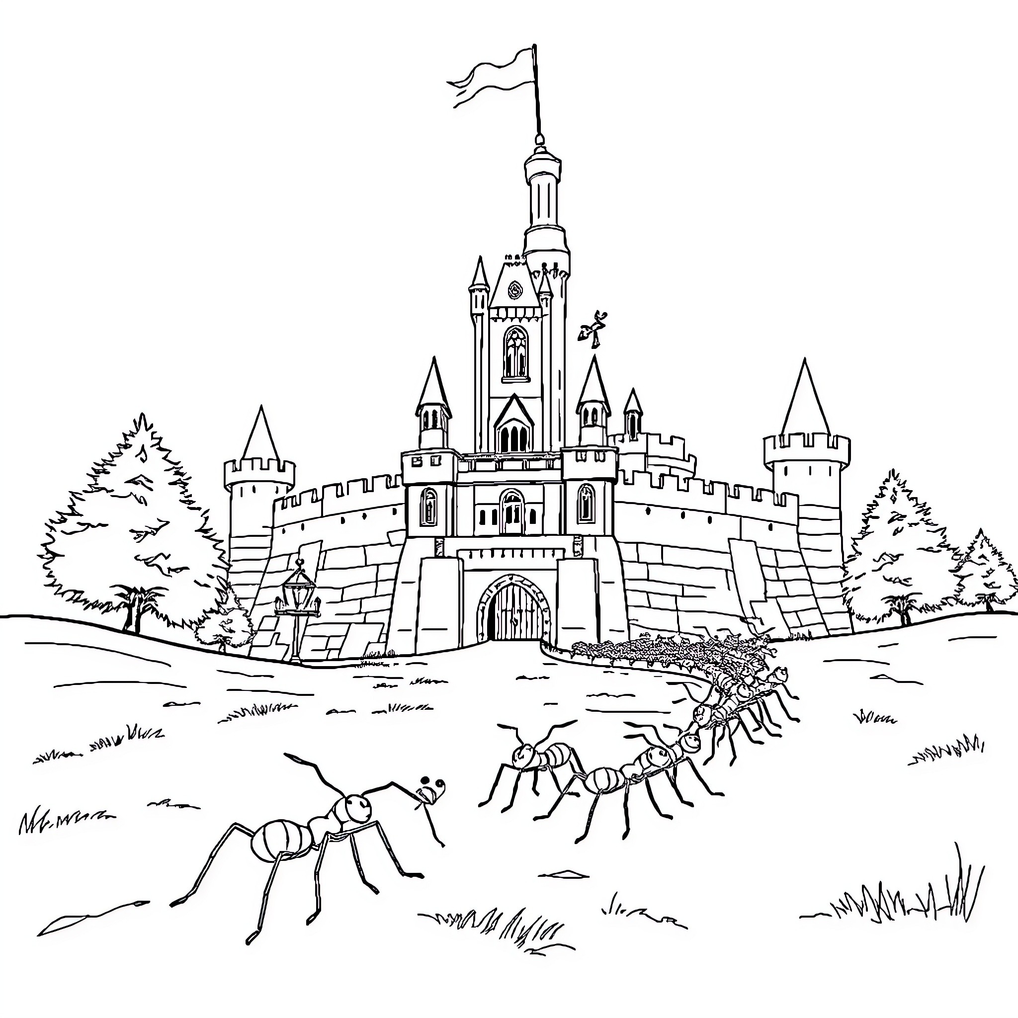 Ants exploring a whimsical castle landscape Coloring Page (free black-and-white line drawing printable PDF for all, from beginners to advanced learners, including children, teens, adults, and seniors)