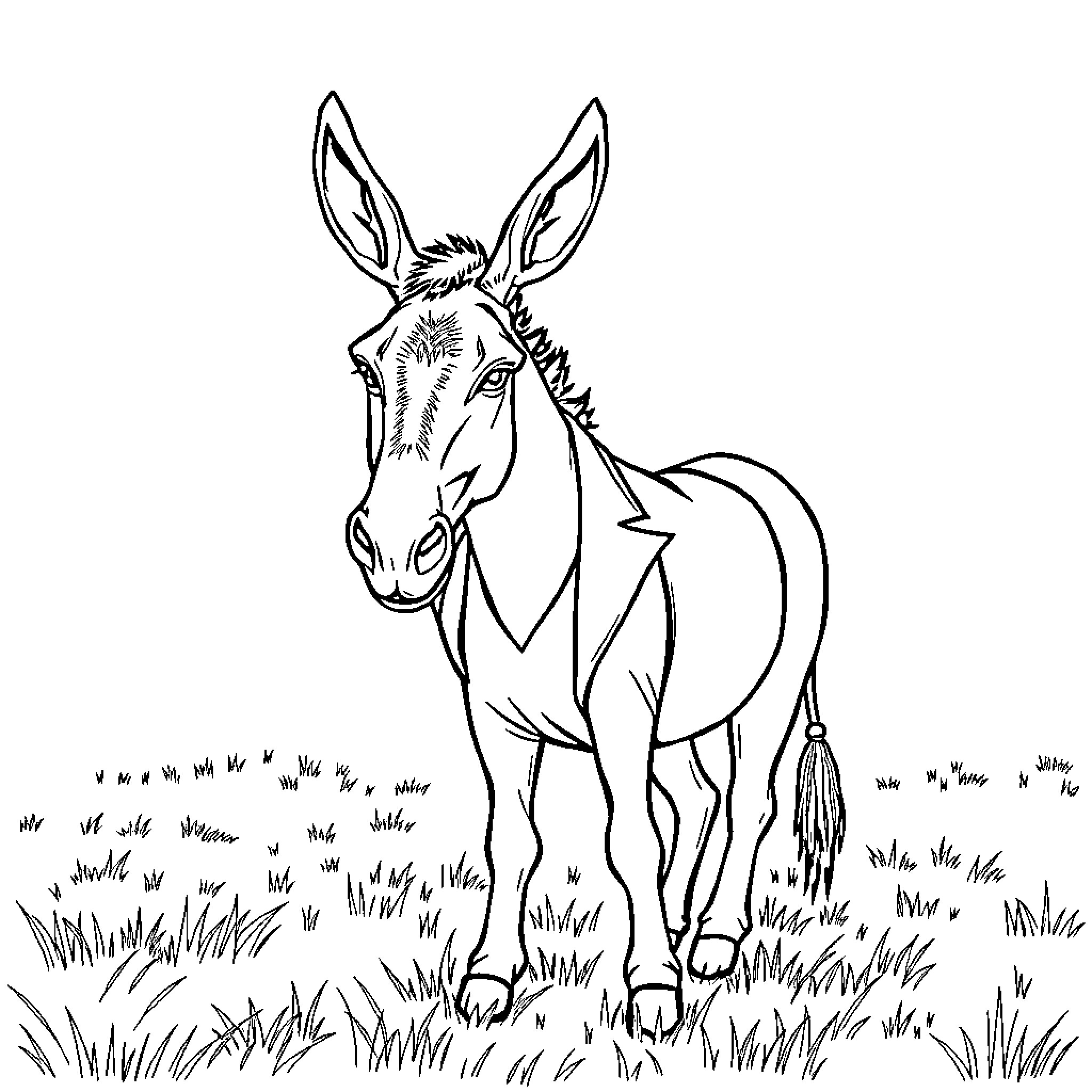 Donkey standing in the field Coloring Page (free black-and-white line drawing printable PDF for all, from beginners to advanced learners, including children, teens, adults, and seniors)