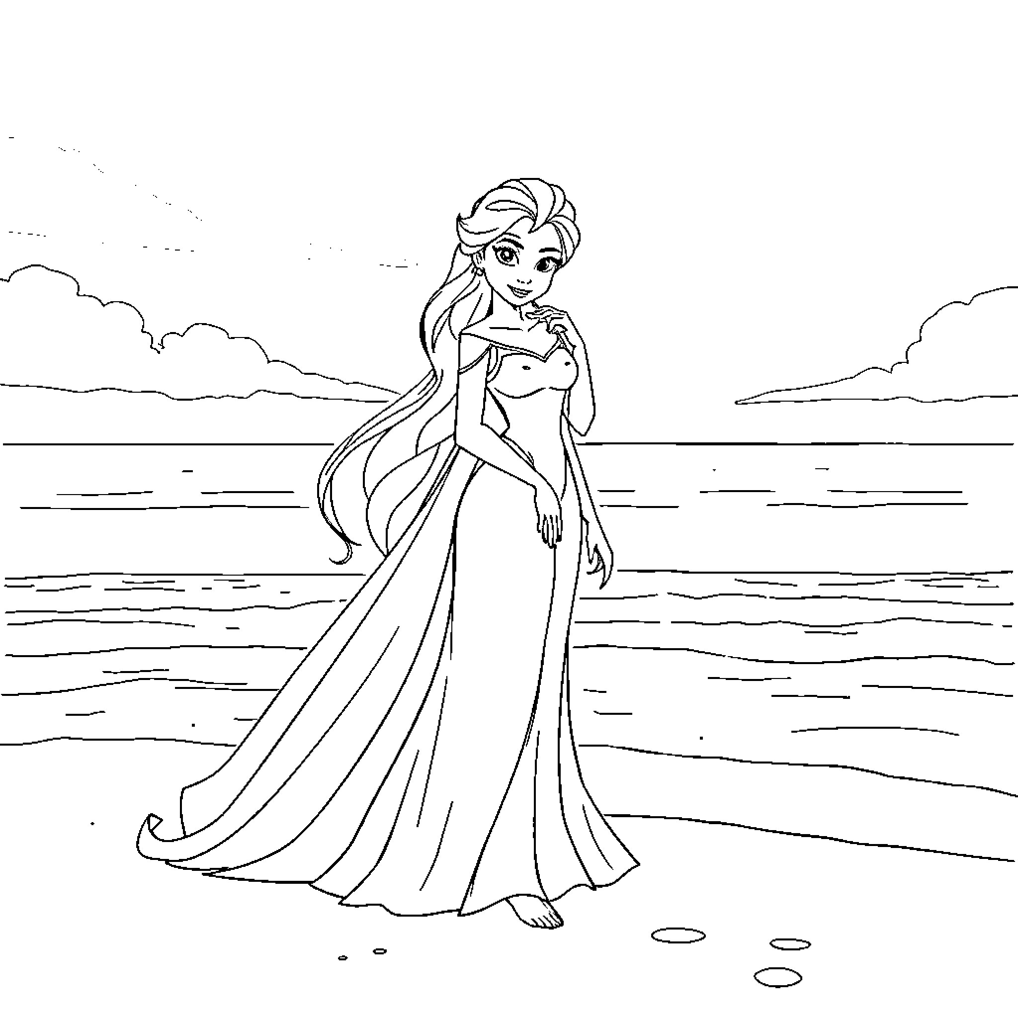 Princess gazing wistfully at the ocean Coloring Page (free black-and-white line drawing printable PDF for all, from beginners to advanced learners, including children, teens, adults, and seniors)