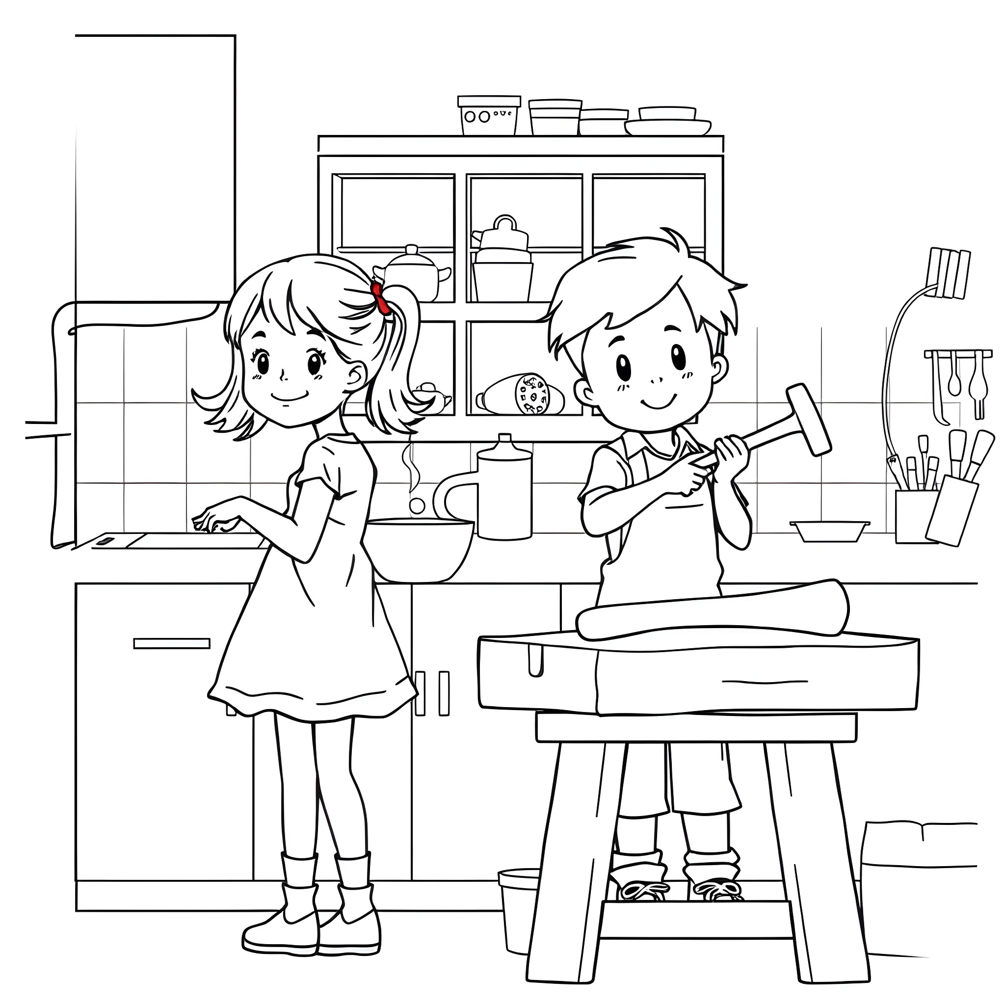 Kid helping with kitchen chores happily Coloring Page (free black-and-white line drawing printable PDF for all, from beginners to advanced learners, including children, teens, adults, and seniors)