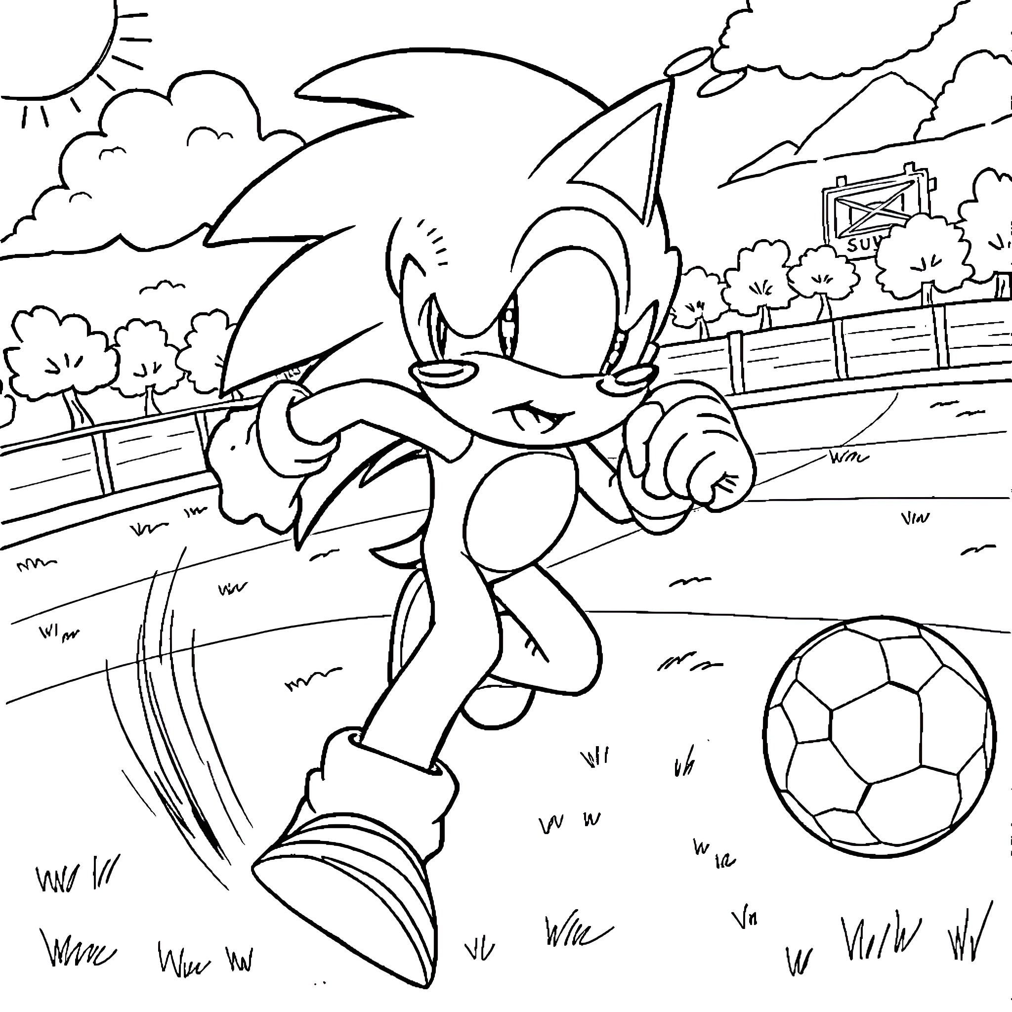 Sonic running dynamically with a soccer ball Coloring Page (free black-and-white line drawing printable PDF for all, from beginners to advanced learners, including children, teens, adults, and seniors)
