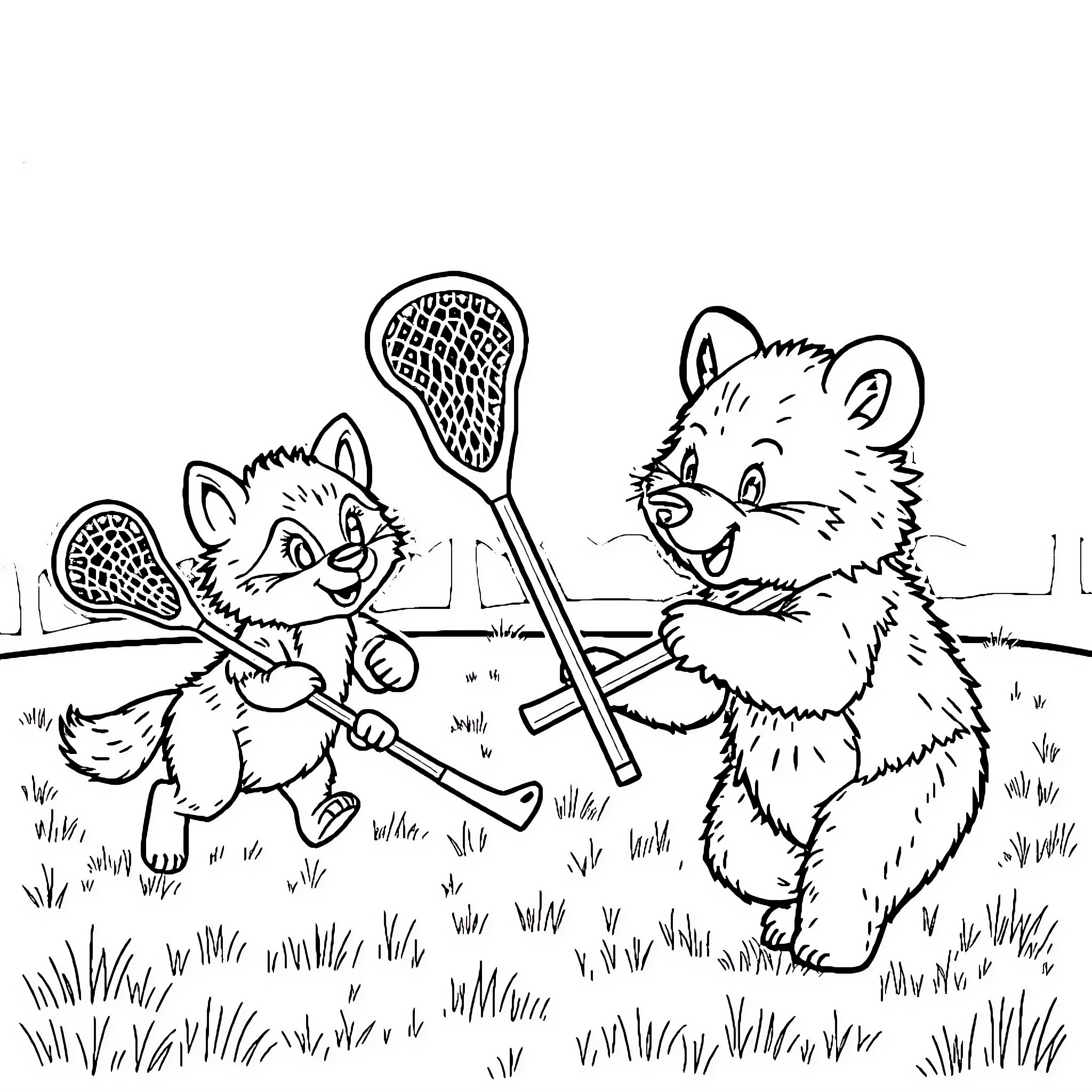 Wolf cubs playing lacrosse in the field Coloring Page (free black-and-white line drawing printable PDF for all, from beginners to advanced learners, including children, teens, adults, and seniors)