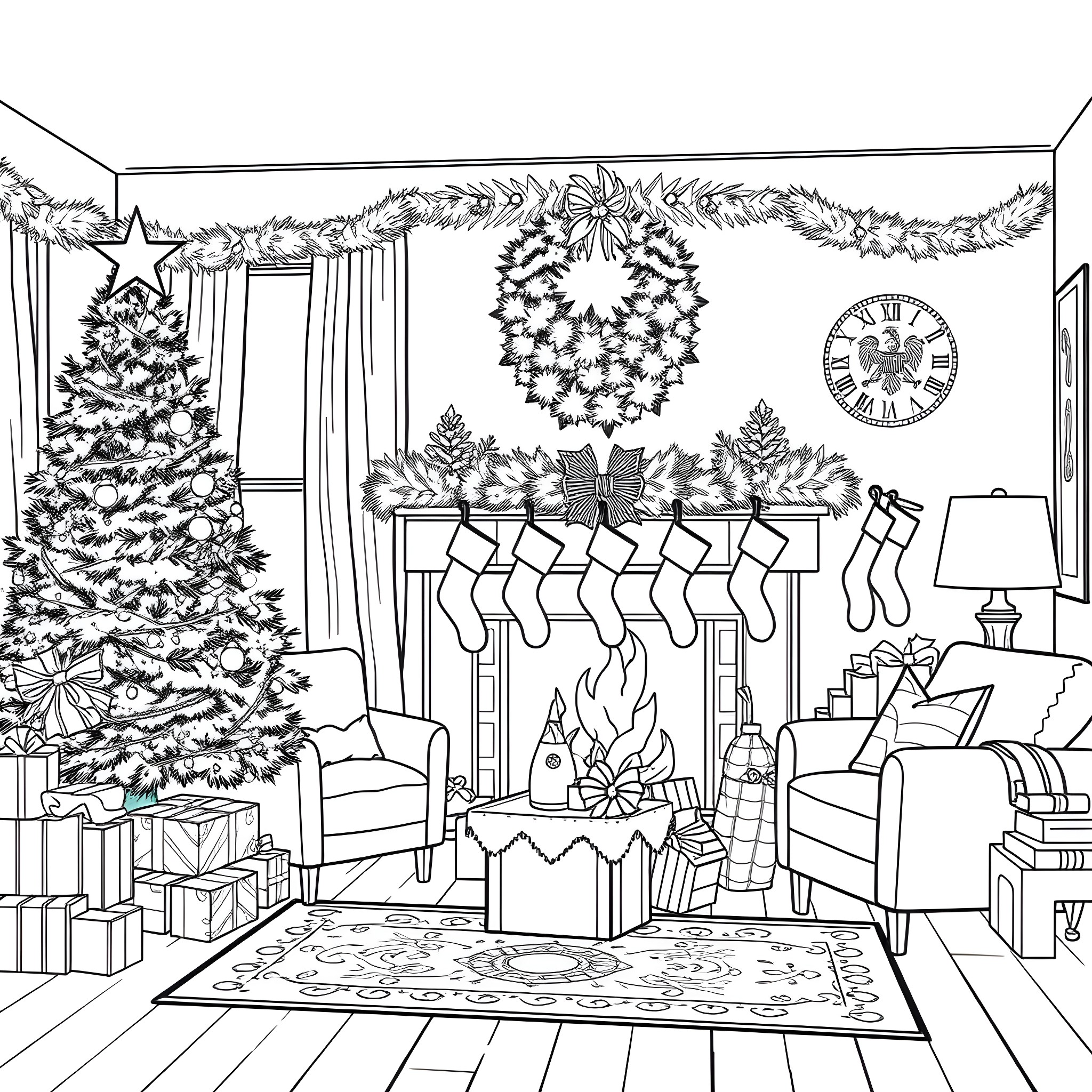 Lavish Christmas scene with festive decor Coloring Page (free black-and-white line drawing printable PDF for all, from beginners to advanced learners, including children, teens, adults, and seniors)