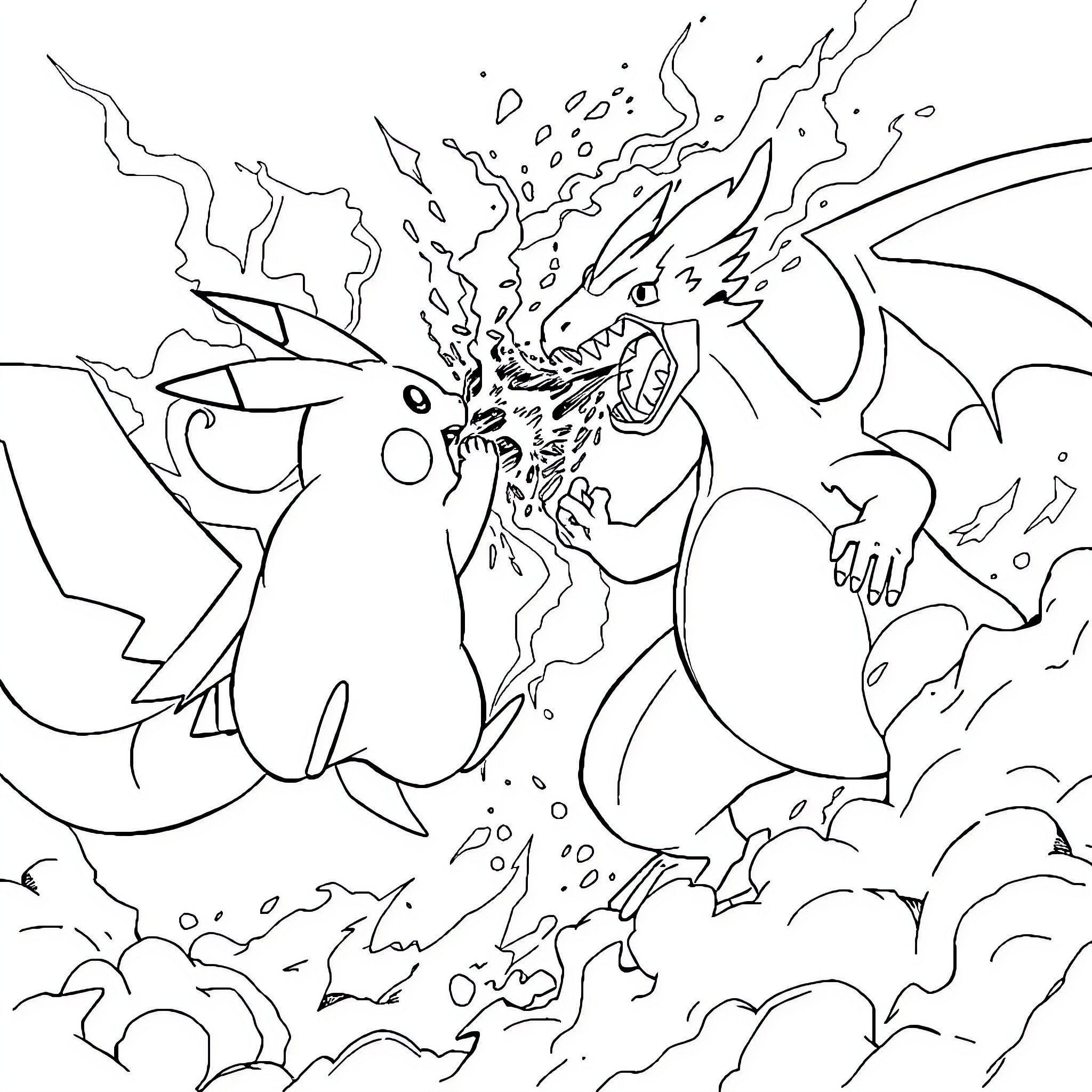 Pikachu unleashing powerful electric attack Coloring Page (free black-and-white line drawing printable PDF for all, from beginners to advanced learners, including children, teens, adults, and seniors)