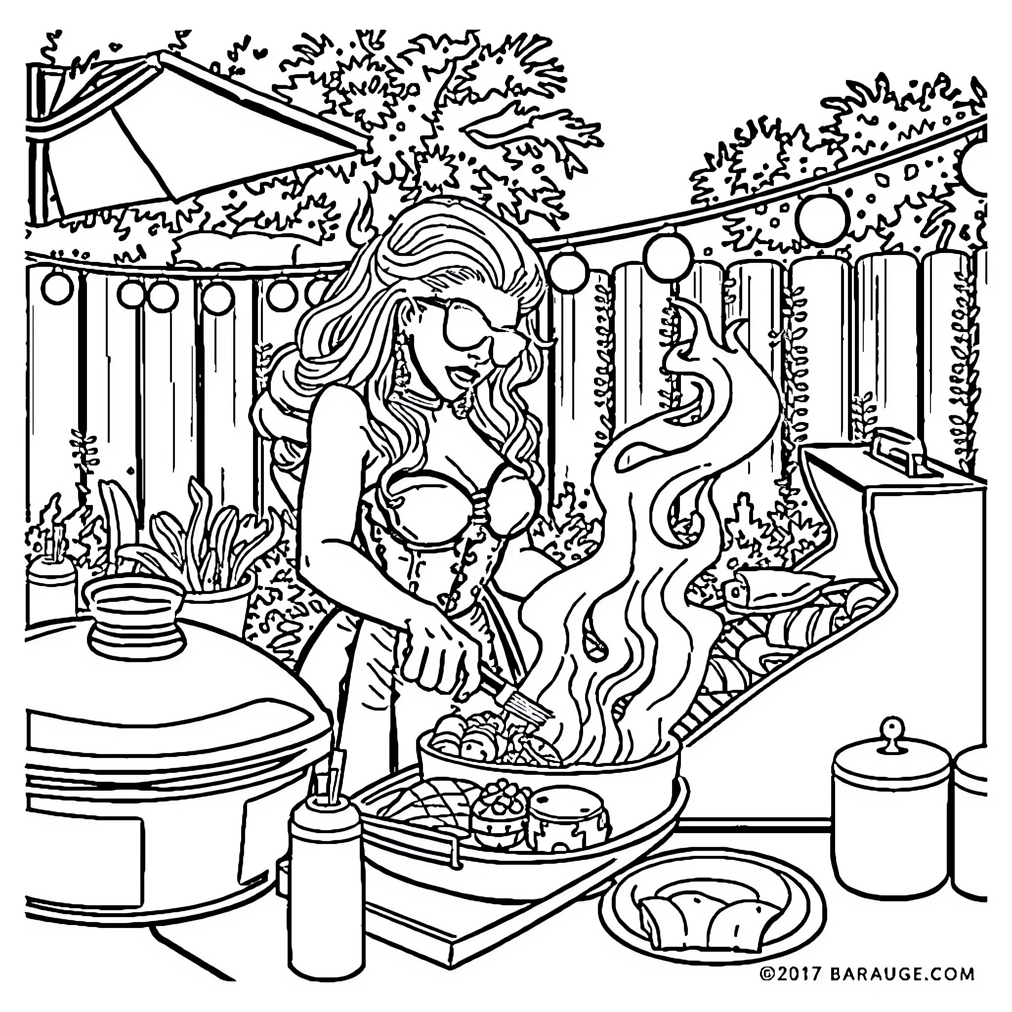 Lady Gaga Relaxing in Fantastical Outdoor Scene Coloring Page (free black-and-white line drawing printable PDF for all, from beginners to advanced learners, including children, teens, adults, and seniors)