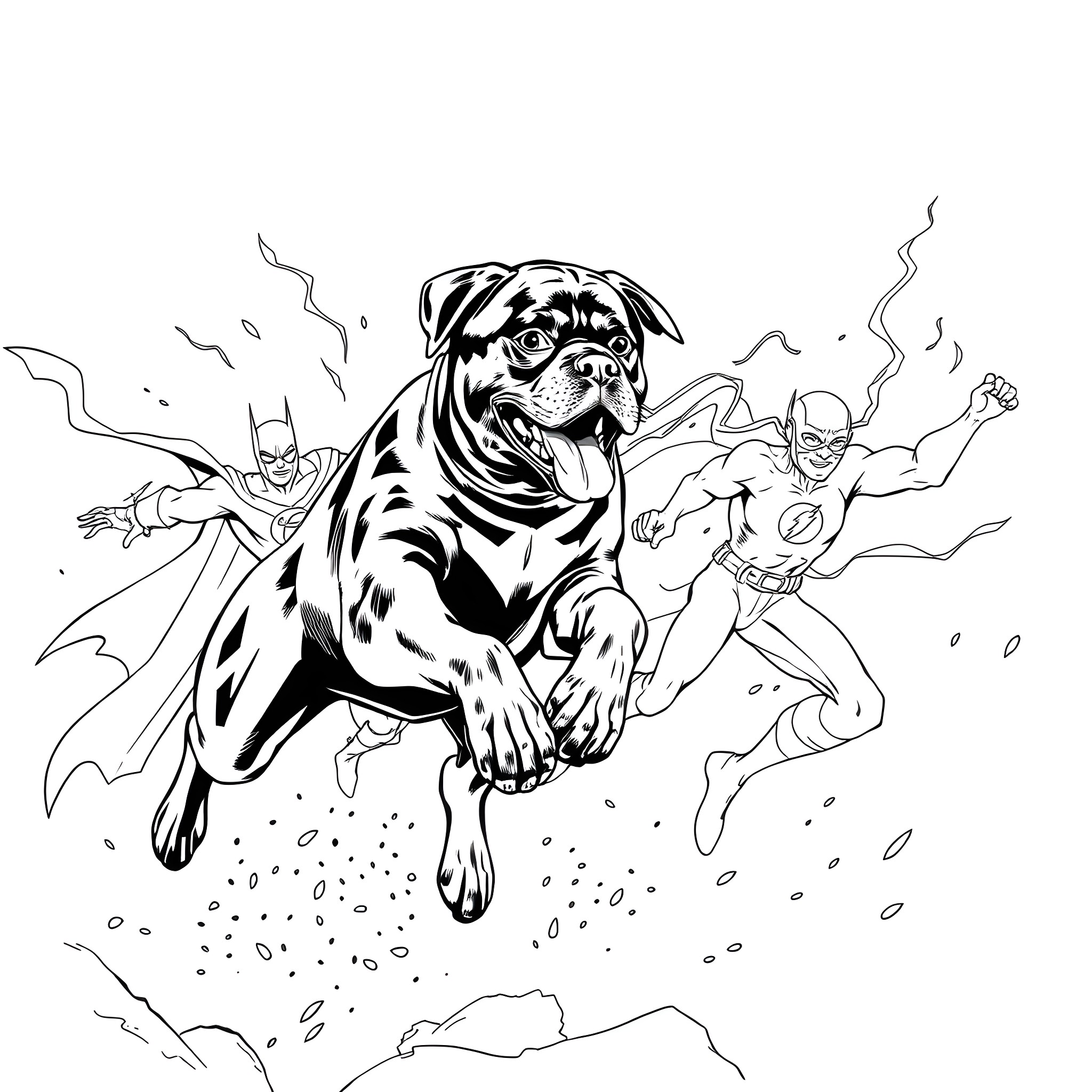 Rottweiler heroically saving the day Coloring Page (free black-and-white line drawing printable PDF for all, from beginners to advanced learners, including children, teens, adults, and seniors)