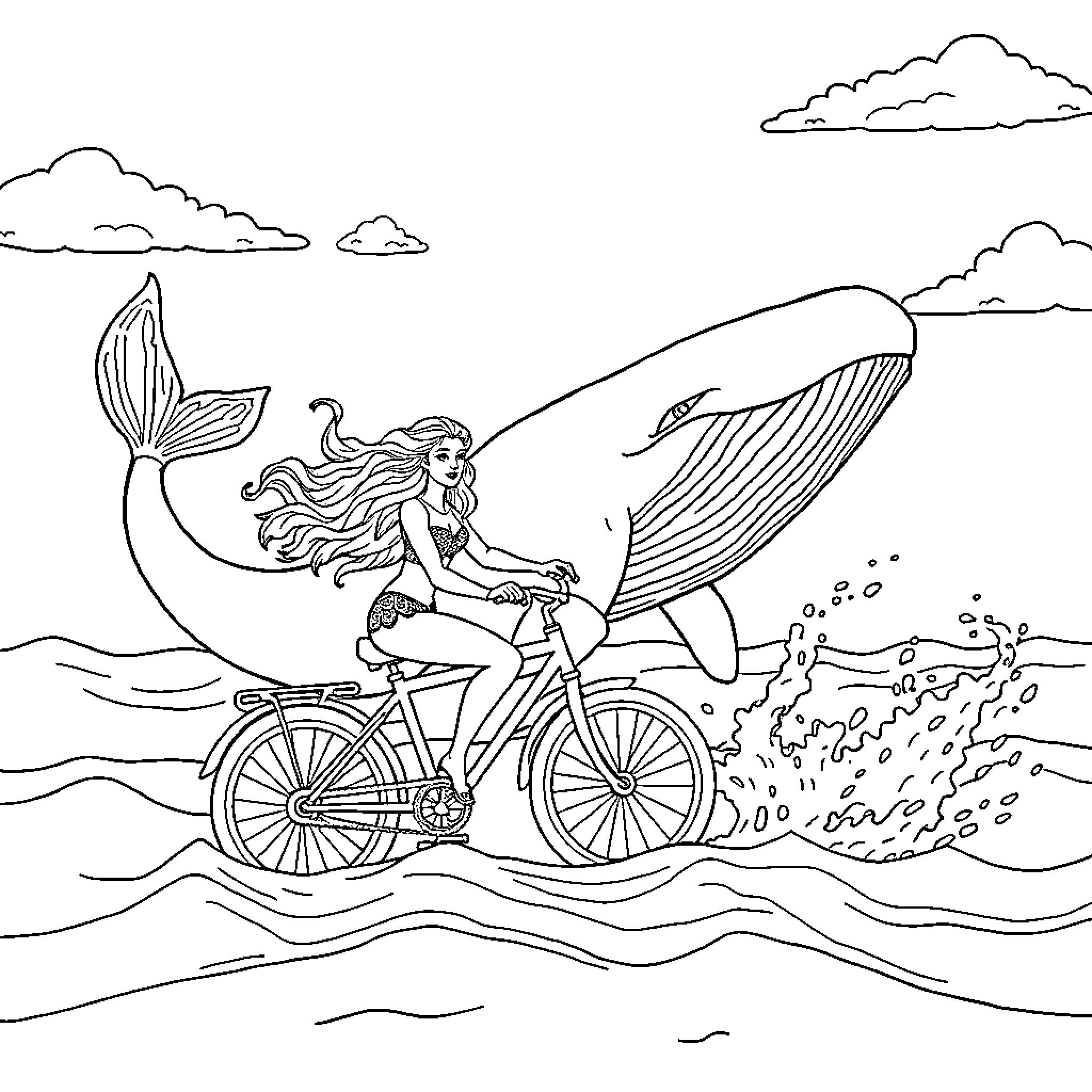 Siren riding a bicycle with a whale in the ocean Coloring Page (free black-and-white line drawing printable PDF for all, from beginners to advanced learners, including children, teens, adults, and seniors)