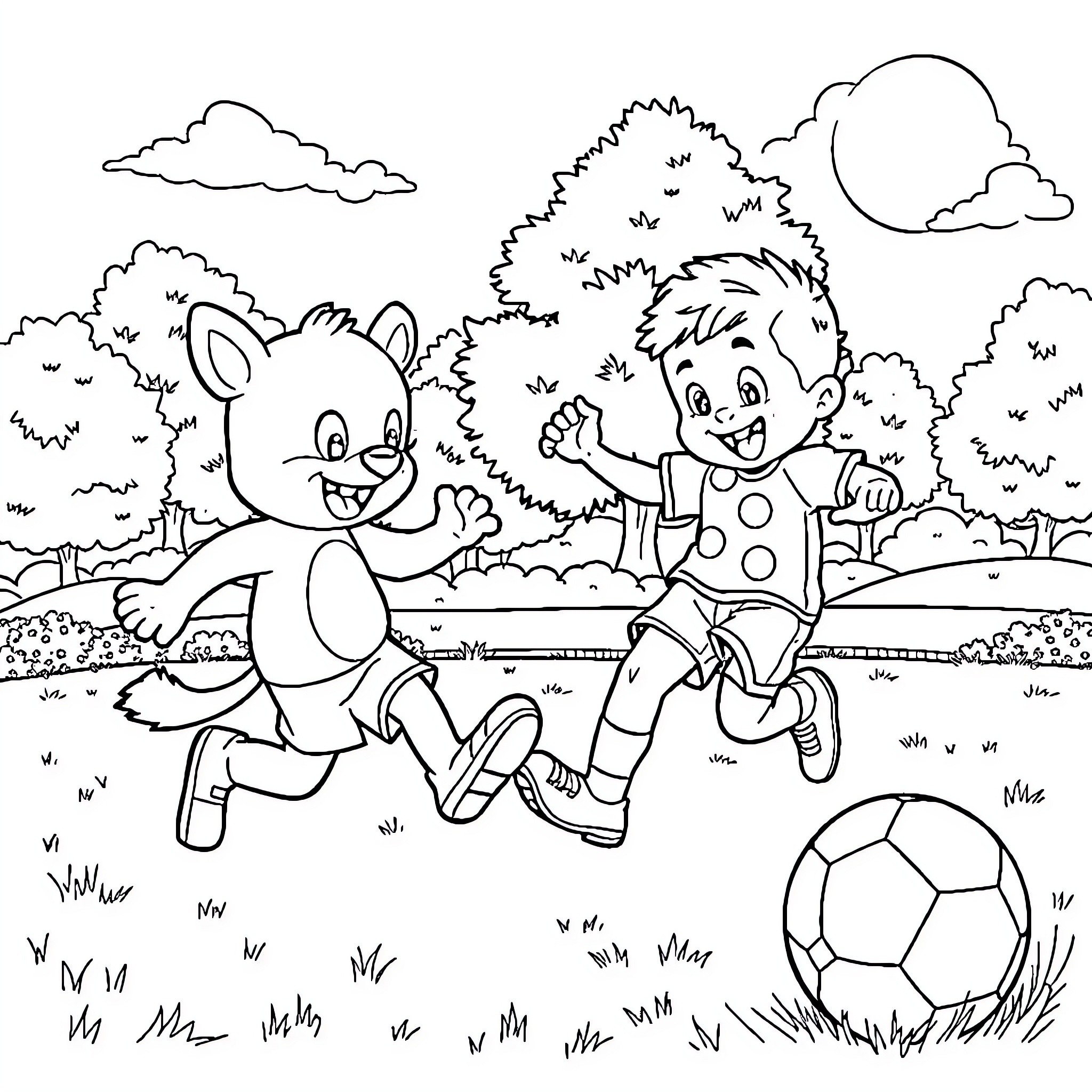 Bluey and friend playing with a soccer ball in the park Coloring Page (free black-and-white line drawing printable PDF for all, from beginners to advanced learners, including children, teens, adults, and seniors)