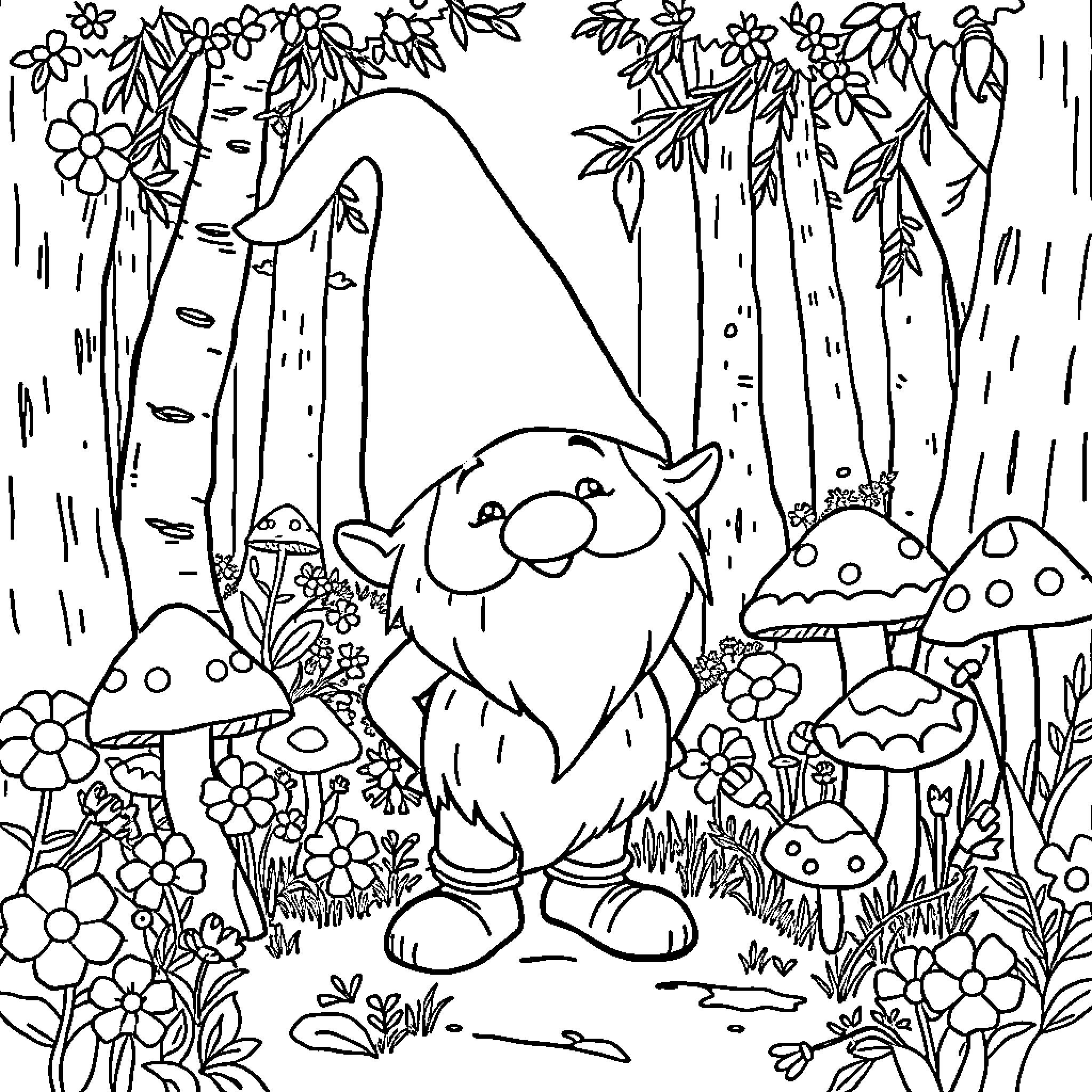 Kabouter Plop exploring the magical forest Coloring Page (free black-and-white line drawing printable PDF for all, from beginners to advanced learners, including children, teens, adults, and seniors)