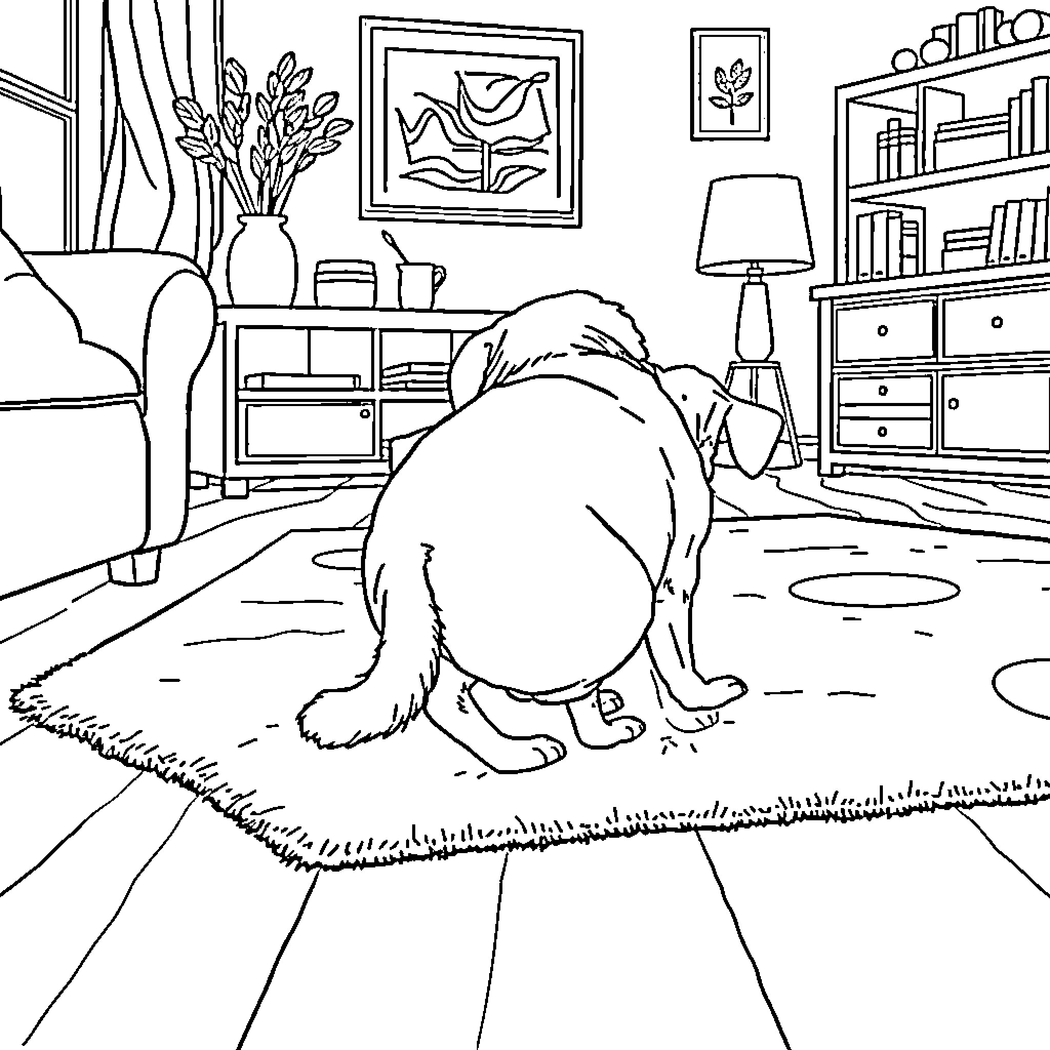 Dog relaxing in a cozy living room Coloring Page (free black-and-white line drawing printable PDF for all, from beginners to advanced learners, including children, teens, adults, and seniors)