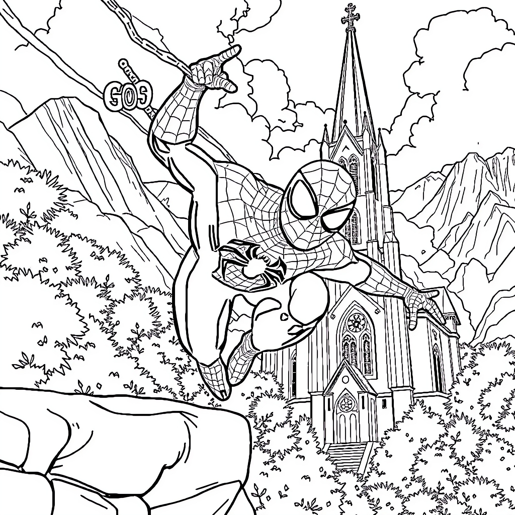 Spiderman swinging through the city near a church Coloring Page (free black-and-white line drawing printable PDF for all, from beginners to advanced learners, including children, teens, adults, and seniors)