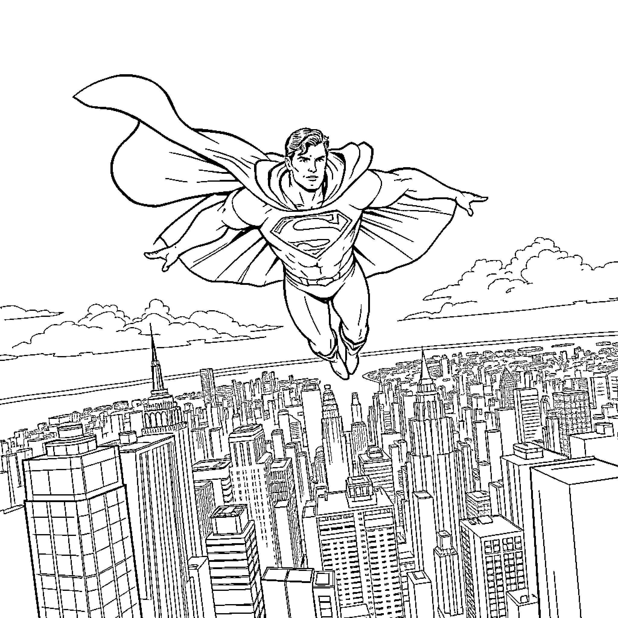 Superman soaring over the city skyline Coloring Page (free black-and-white line drawing printable PDF for all, from beginners to advanced learners, including children, teens, adults, and seniors)