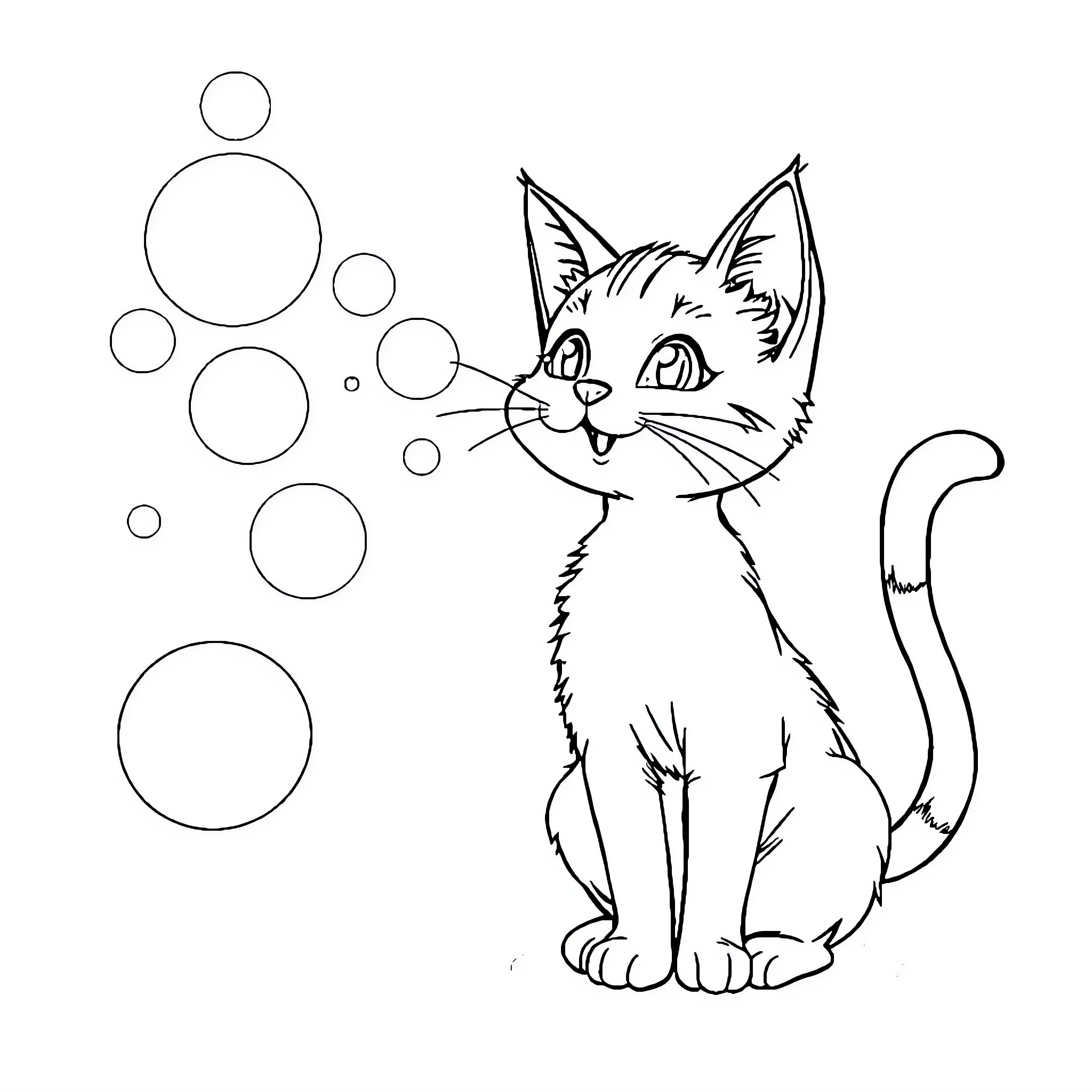 Cat with bubbles Coloring Page (free black-and-white line drawing printable PDF for all, from beginners to advanced learners, including children, teens, adults, and seniors)
