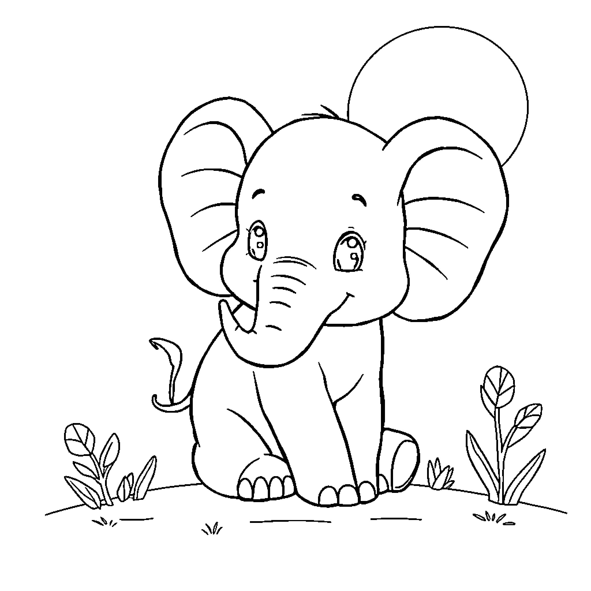 Elephant enjoying nature in the garden Coloring Page (free black-and-white line drawing printable PDF for all, from beginners to advanced learners, including children, teens, adults, and seniors)