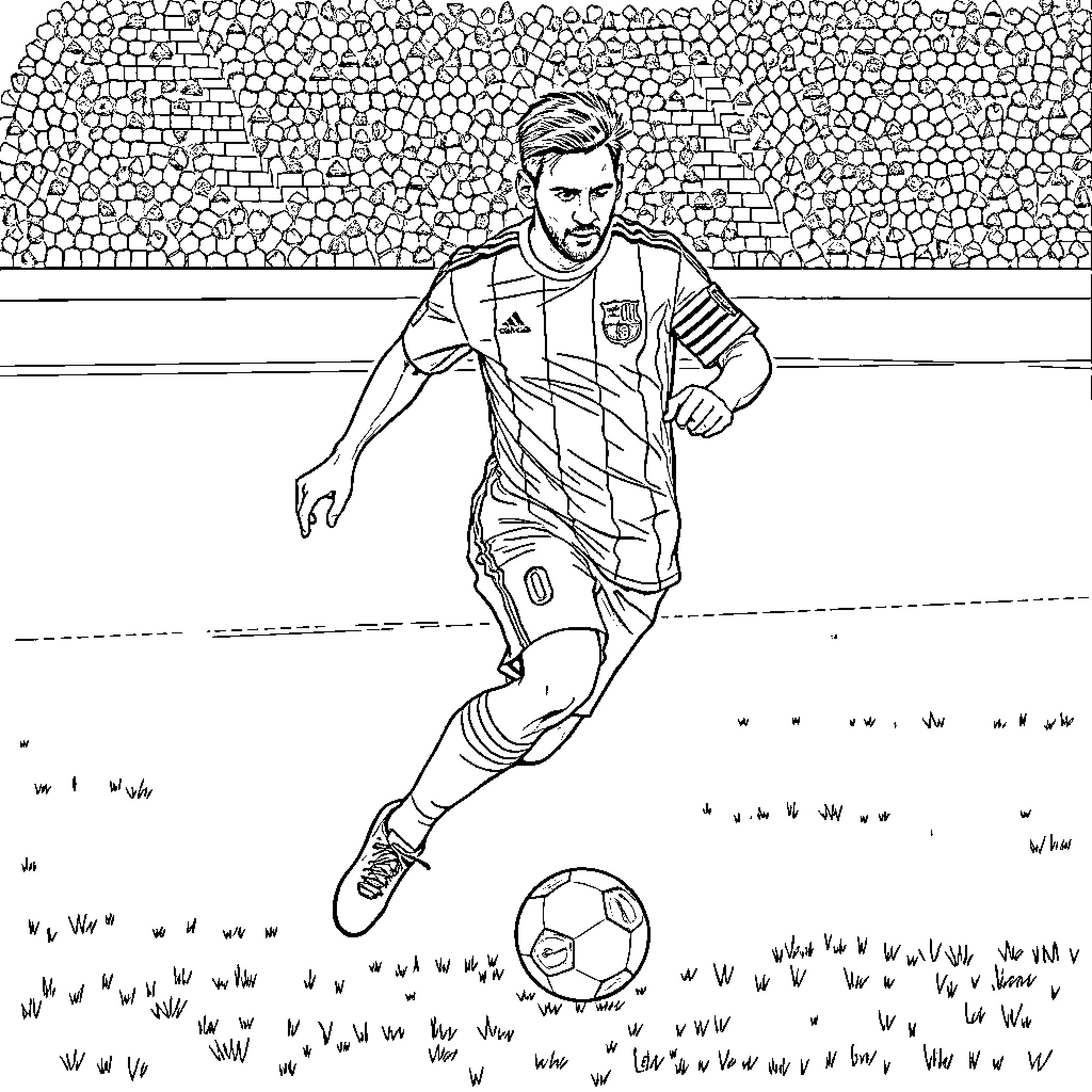 Lionel Messi playing soccer on the field Coloring Page (free black-and-white line drawing printable PDF for all, from beginners to advanced learners, including children, teens, adults, and seniors)