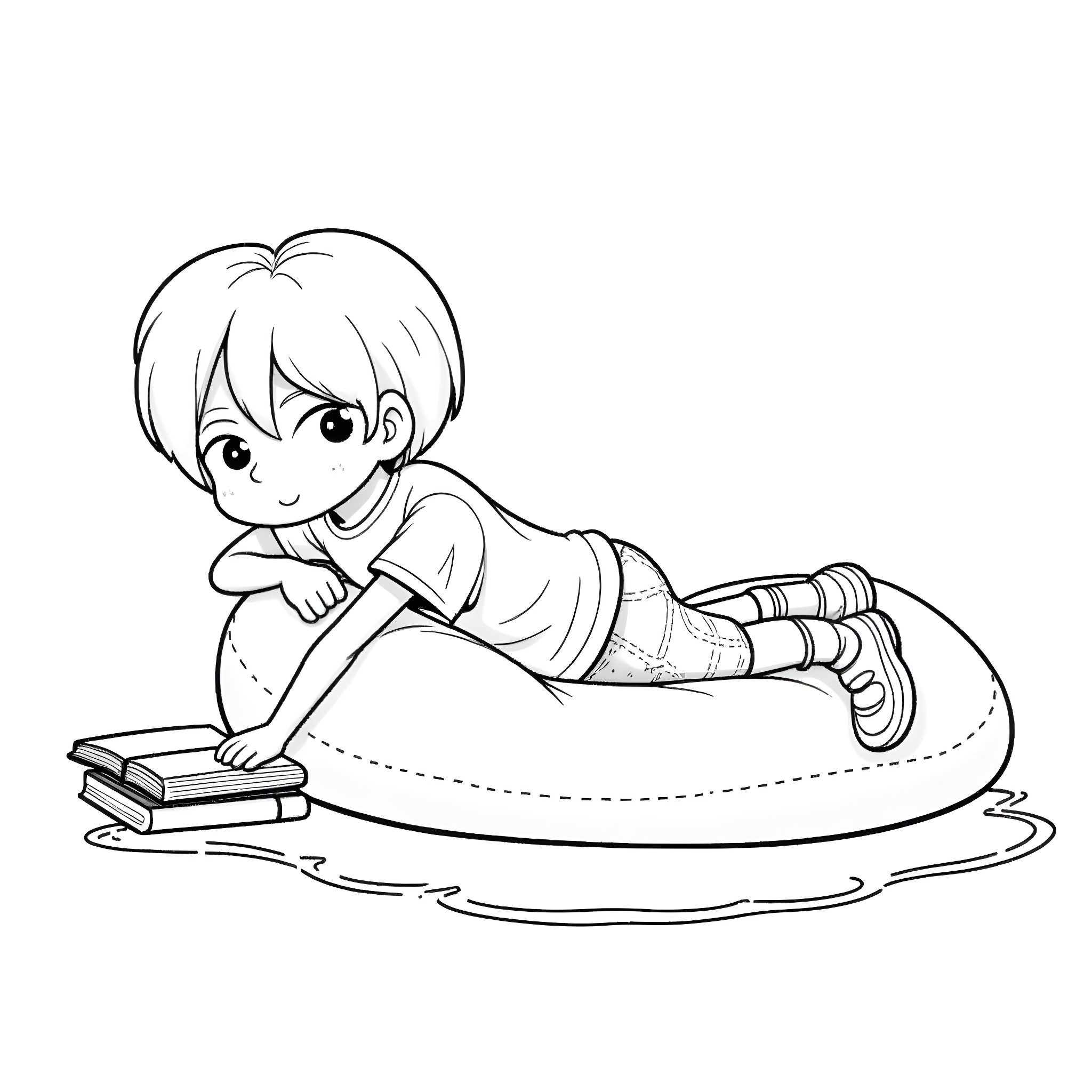 Boy reading a book on the floor Coloring Page (free black-and-white line drawing printable PDF for all, from beginners to advanced learners, including children, teens, adults, and seniors)