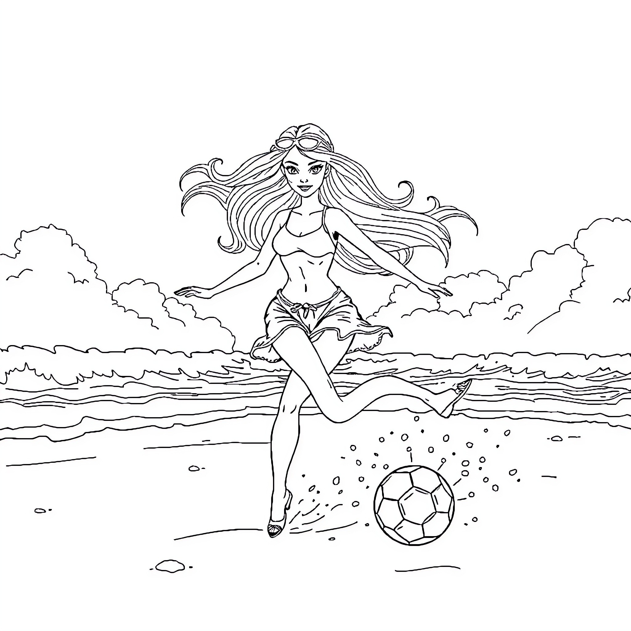 Barbie playing soccer on the beach Coloring Page (free black-and-white line drawing printable PDF for all, from beginners to advanced learners, including children, teens, adults, and seniors)