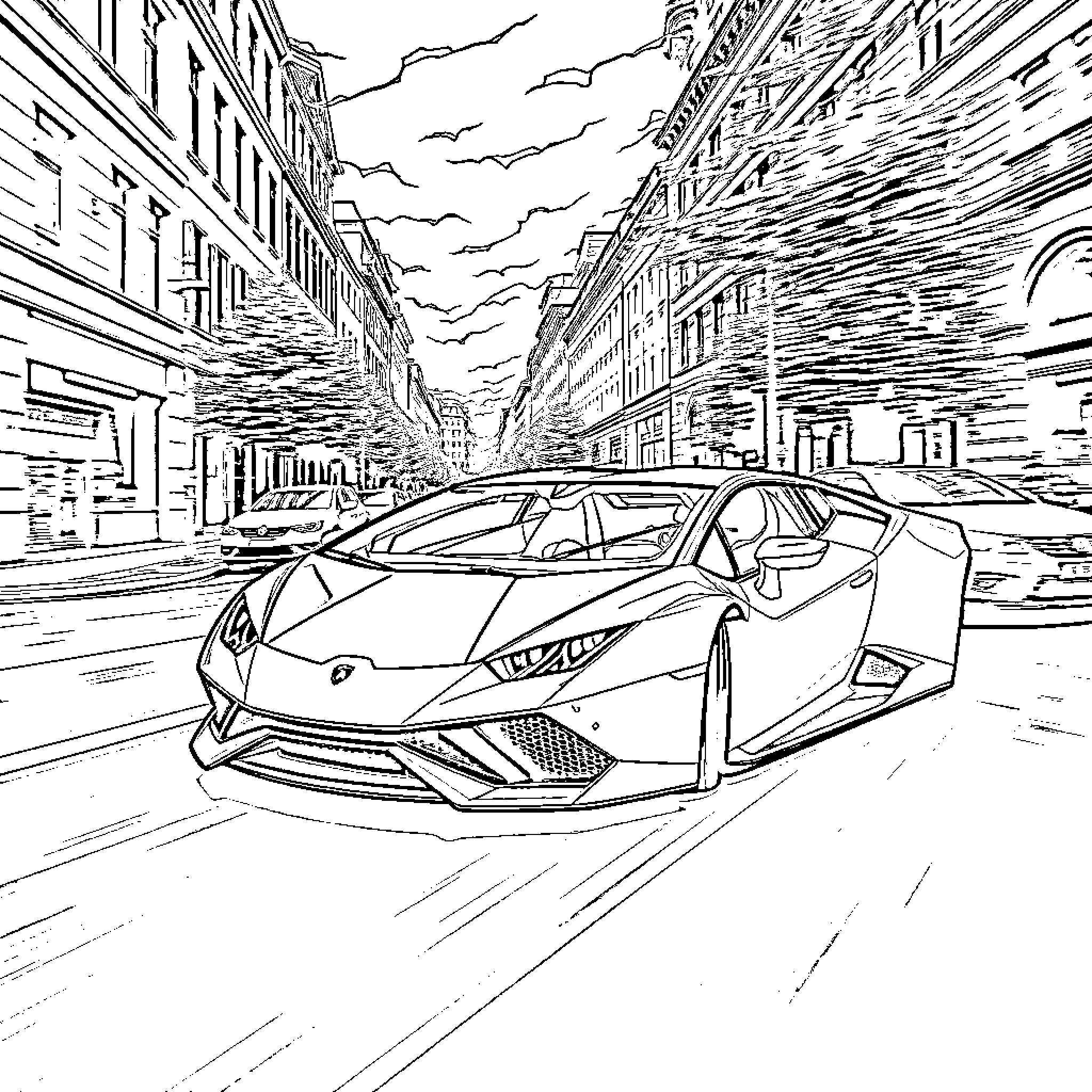 Lamborghini speeding through urban cityscape Coloring Page (free black-and-white line drawing printable PDF for all, from beginners to advanced learners, including children, teens, adults, and seniors)