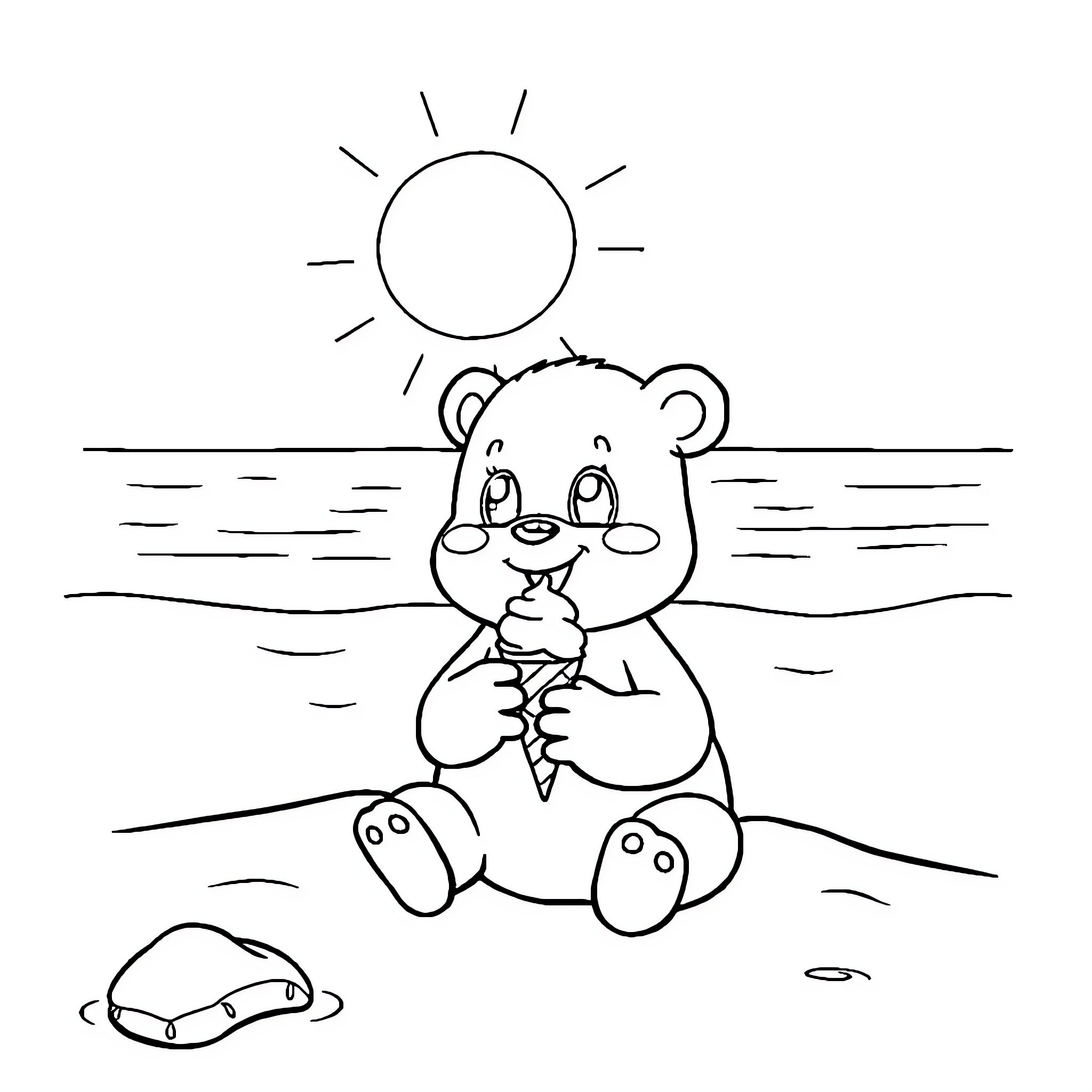 Labubu enjoying a sunny day at the beach Coloring Page (free black-and-white line drawing printable PDF for all, from beginners to advanced learners, including children, teens, adults, and seniors)