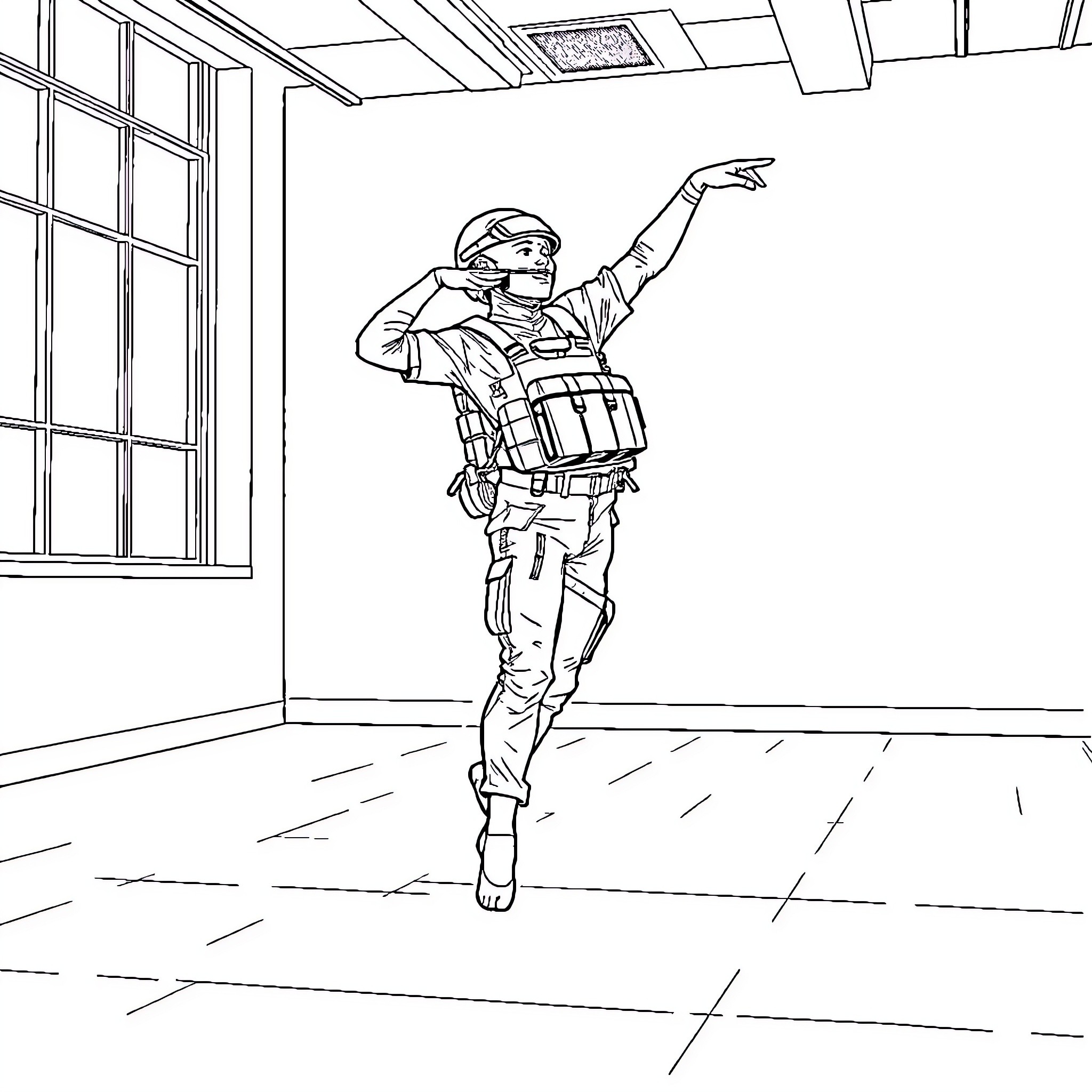 EOD Operator Performing Tactical Maneuver Coloring Page (free black-and-white line drawing printable PDF for all, from beginners to advanced learners, including children, teens, adults, and seniors)